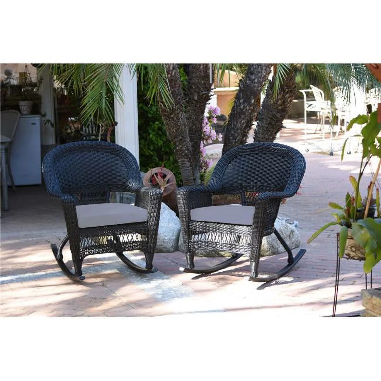W00207R-D-2-FS033 Black Rocker Wicker Chair with Steel Blue Cushion - Set of 2