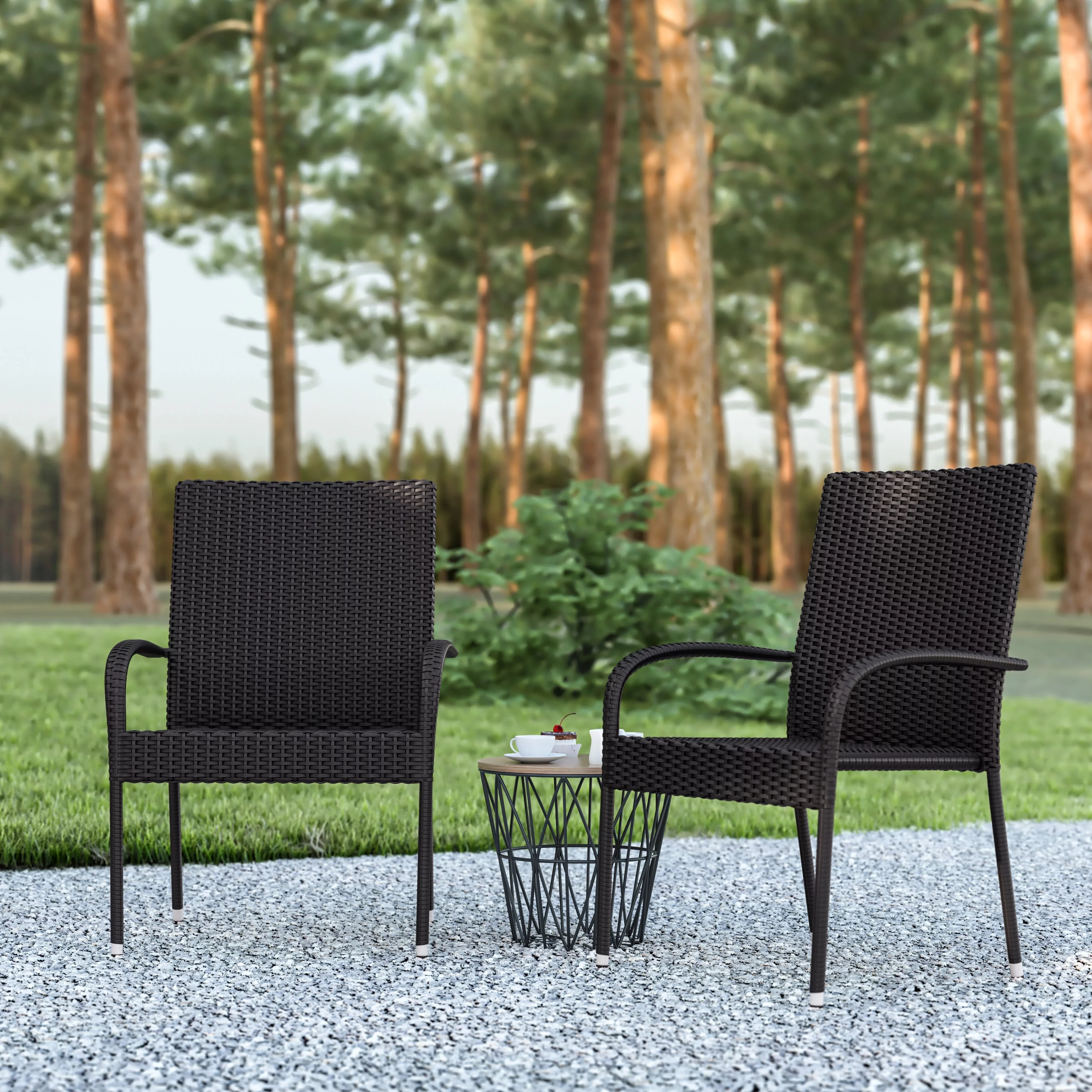 Emma + Oliver Stacking All-Weather Black Wicker Wrapped Powder Coated Steel Patio Club Chair for Indoor and Outdoor Use - Set of 2