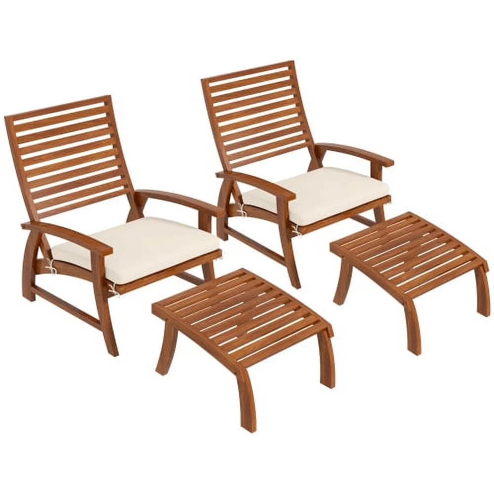 ZJbiubiuHome 4 Pieces Patio Chairs with Cushion  Outdoor Dining Chairs Set of 4  Acacia Wood Seat with Footstools  Slatted Seat & Backrest  Armrests  Cream White