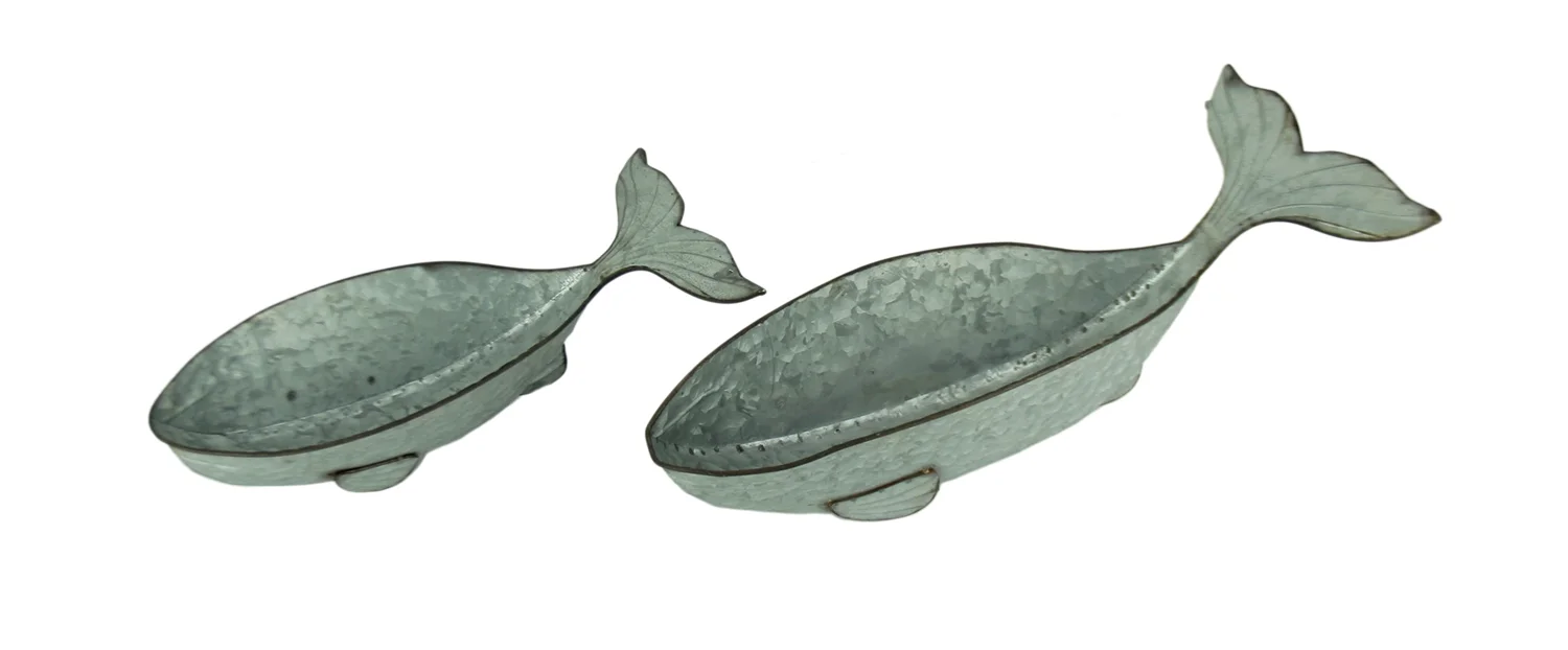Gerson Galvanized Metal Coastal Decor Whale Planters Set of 2