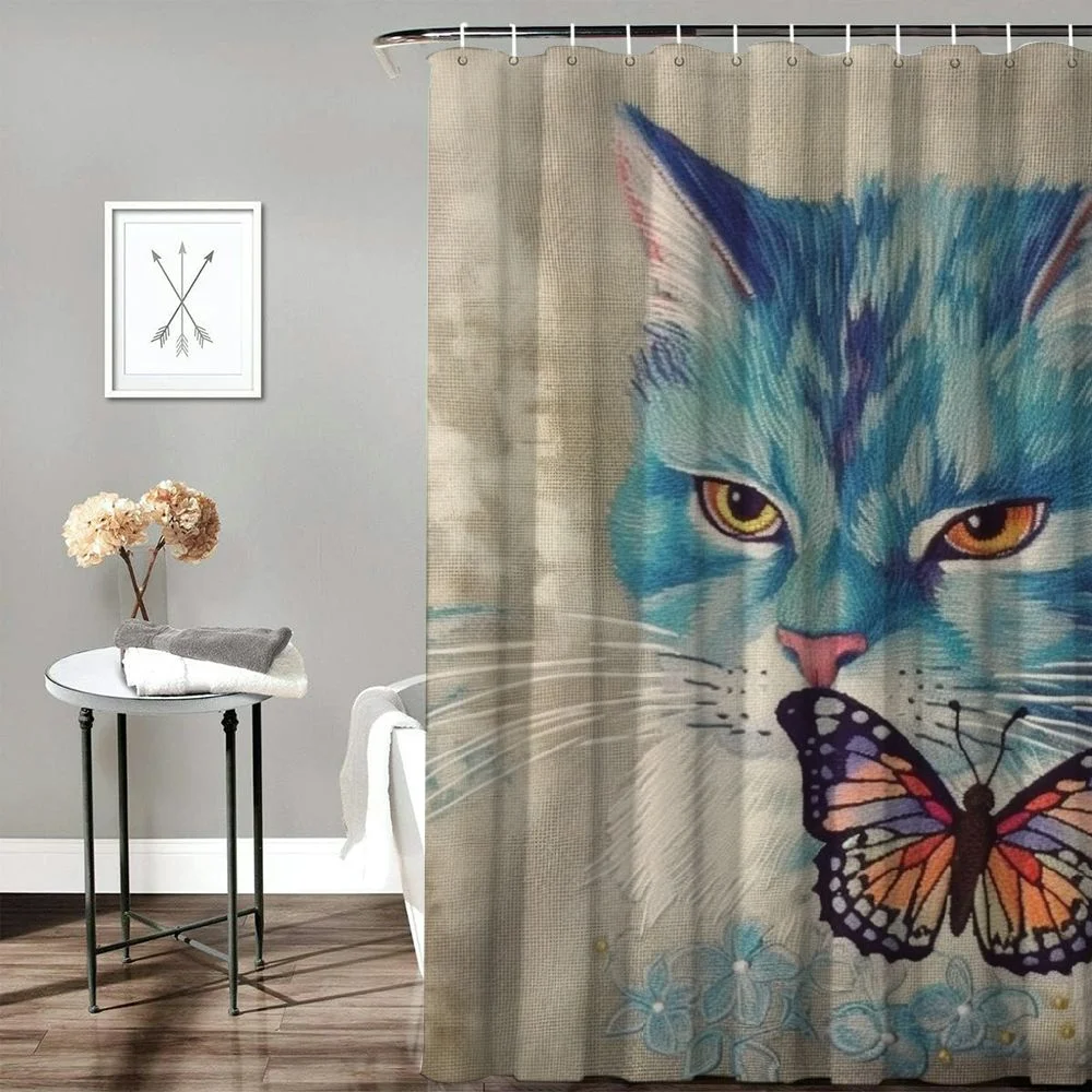 COMIO Shower Curtain for Bathroom Sleepy Cat Watercolor Butterfly Little Cute Animal Funny Lovely White