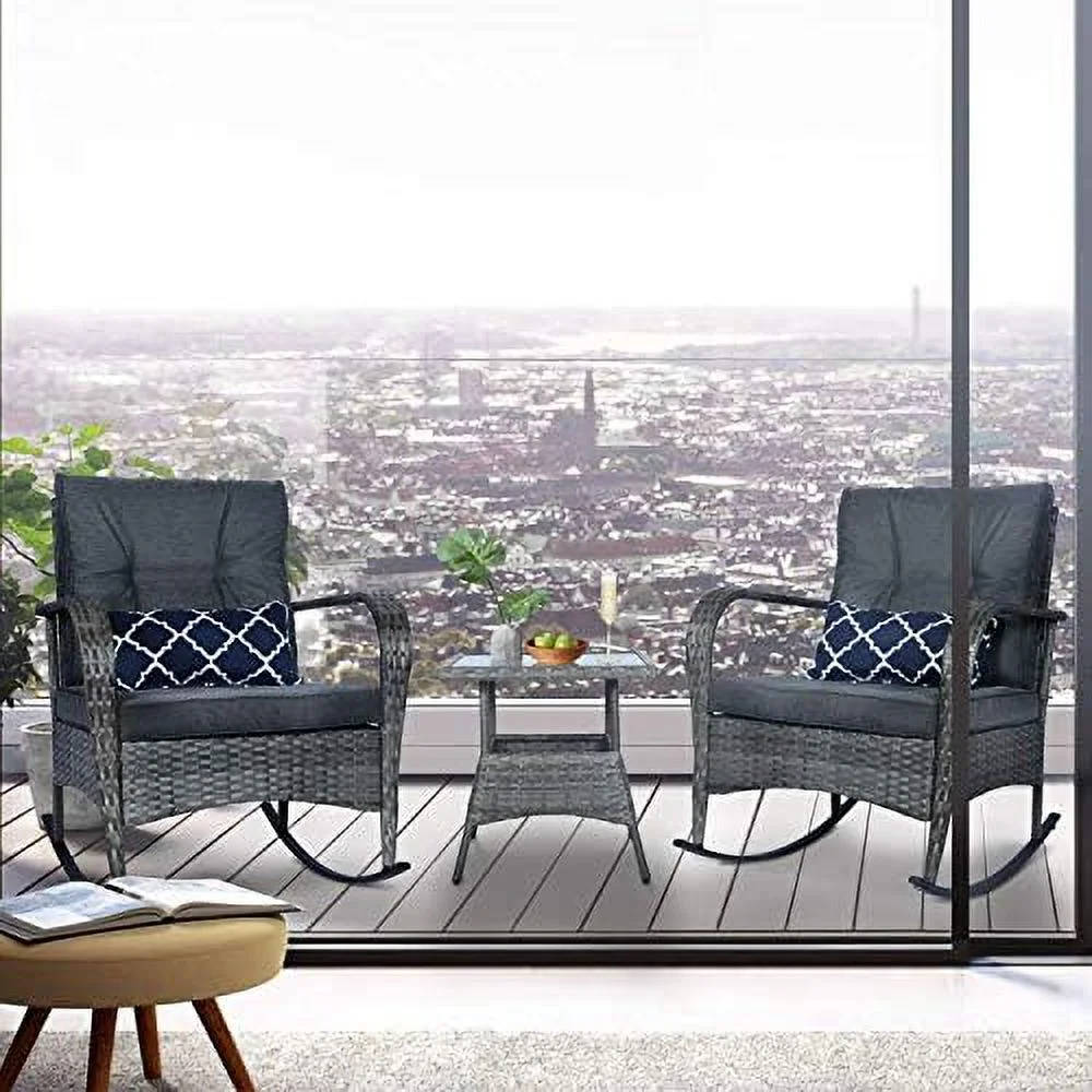 QYFZBIM 3 Pieces Patio PE Rattan Conversation Chair Set  Outdoor  Rocking Chair Set with Water-Proof Cushion&Coffee Table for Garden Backyard and Porch (Light Grey)