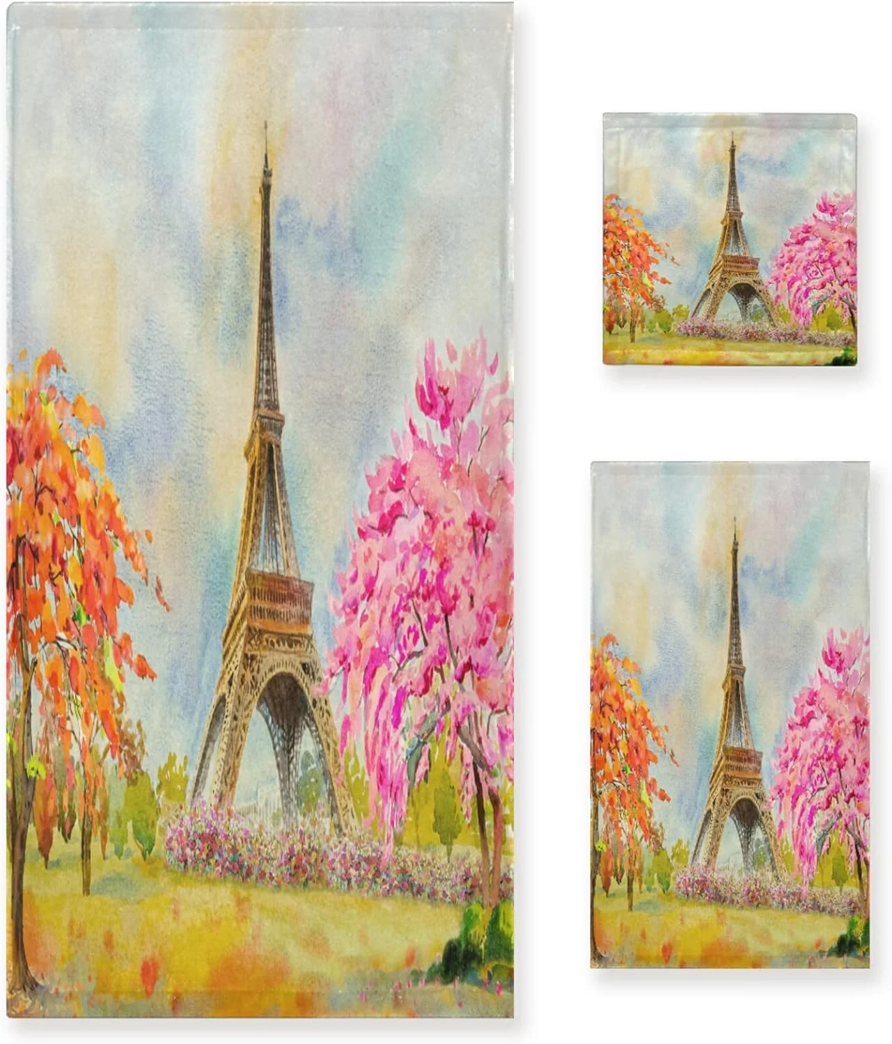 Dreamtimes 3 PCS Towel Beautiful Paris Eiffel Tower Cherry Blossoms Tree Cotton Bath Towel Set (1 Bath Towel, 1 Hand Towel, 1 Washcloth) for Bathroom, Super Soft and Quick Dry Towels