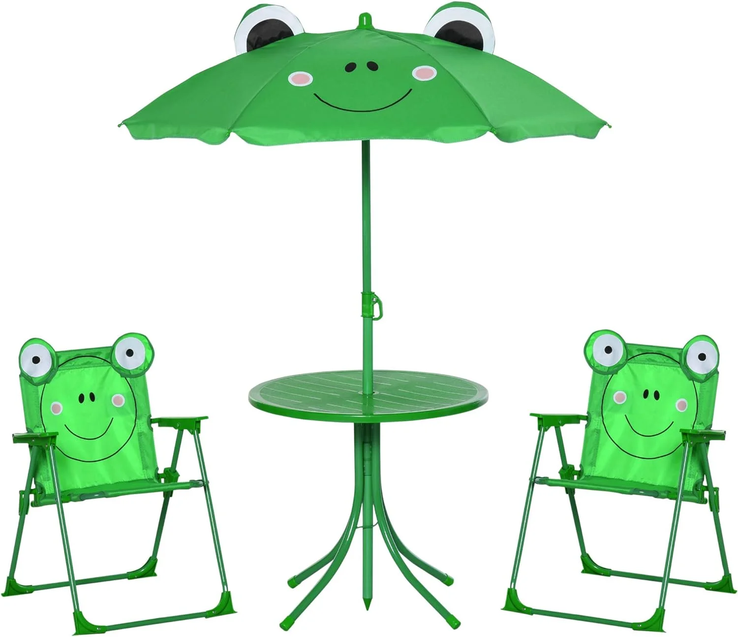 Folding Kids Table and Chair Set, Picnic Table with Frog Pattern Removable & Height Adjustable Sun Umbrella for Garden, Backyard, Green