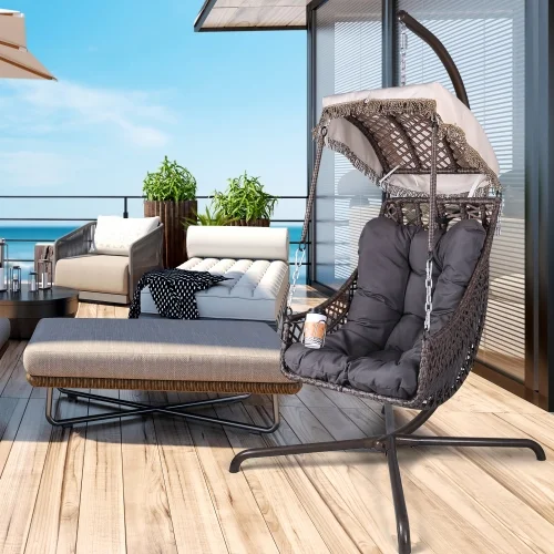 Egg Swing Chair with Stand Hanging Egg Chair Outdoor, Hanging Chair wit cushion and pillow,Patio Wicker folding Hanging Chair for Indoor Bedroom Balcony