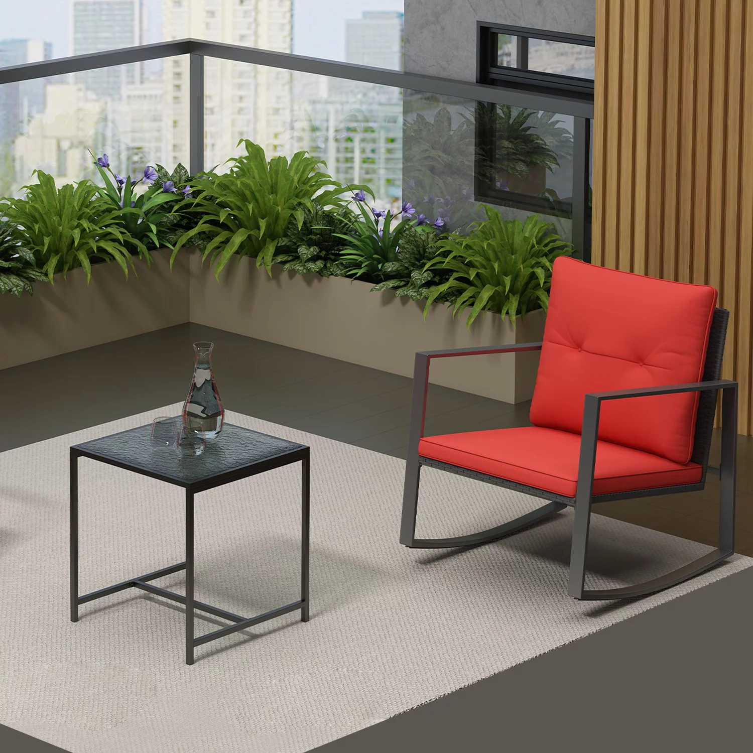 Lilac 3-Piece Patio Modern Furniture Set - A Solid Coffee Table With Two Plush Cushioned Chairs - Red