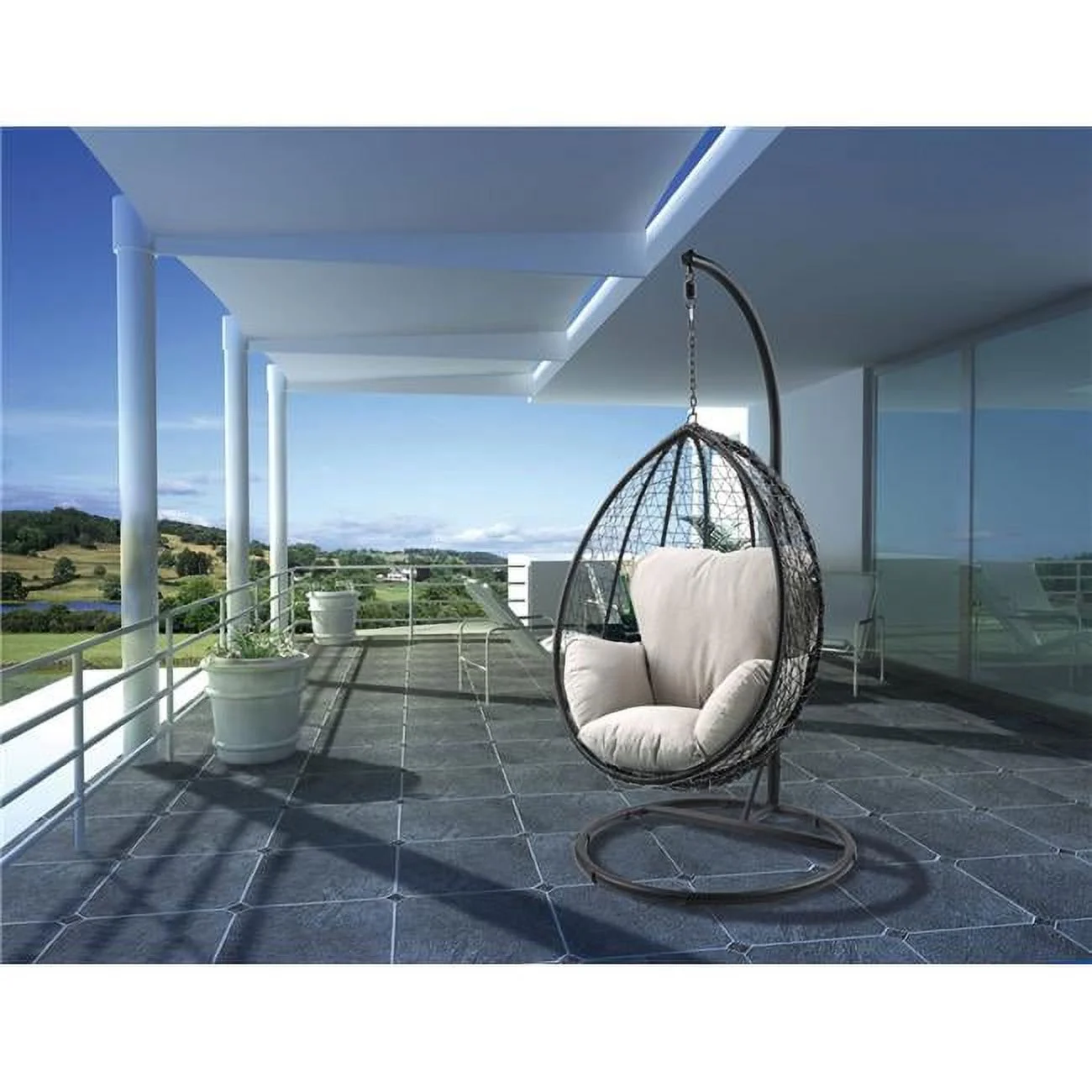 ACME  Simona Patio Swing Chair with Stand - Beige Fabric & Black Wicker