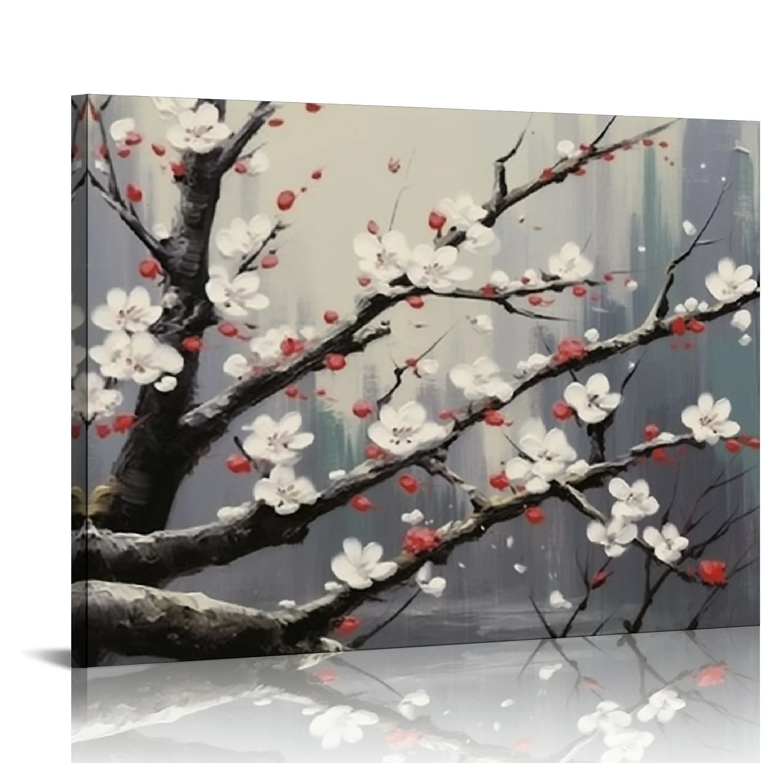 Fenyluxe Flowers Canvas Wall Art Plum Tree Blossom Canvas Prints Artwork Colorful 3D Textured Landscape Pictures Cherry Canvas Painting Floral Framed for Bedroom Office Home Decor 16x12in