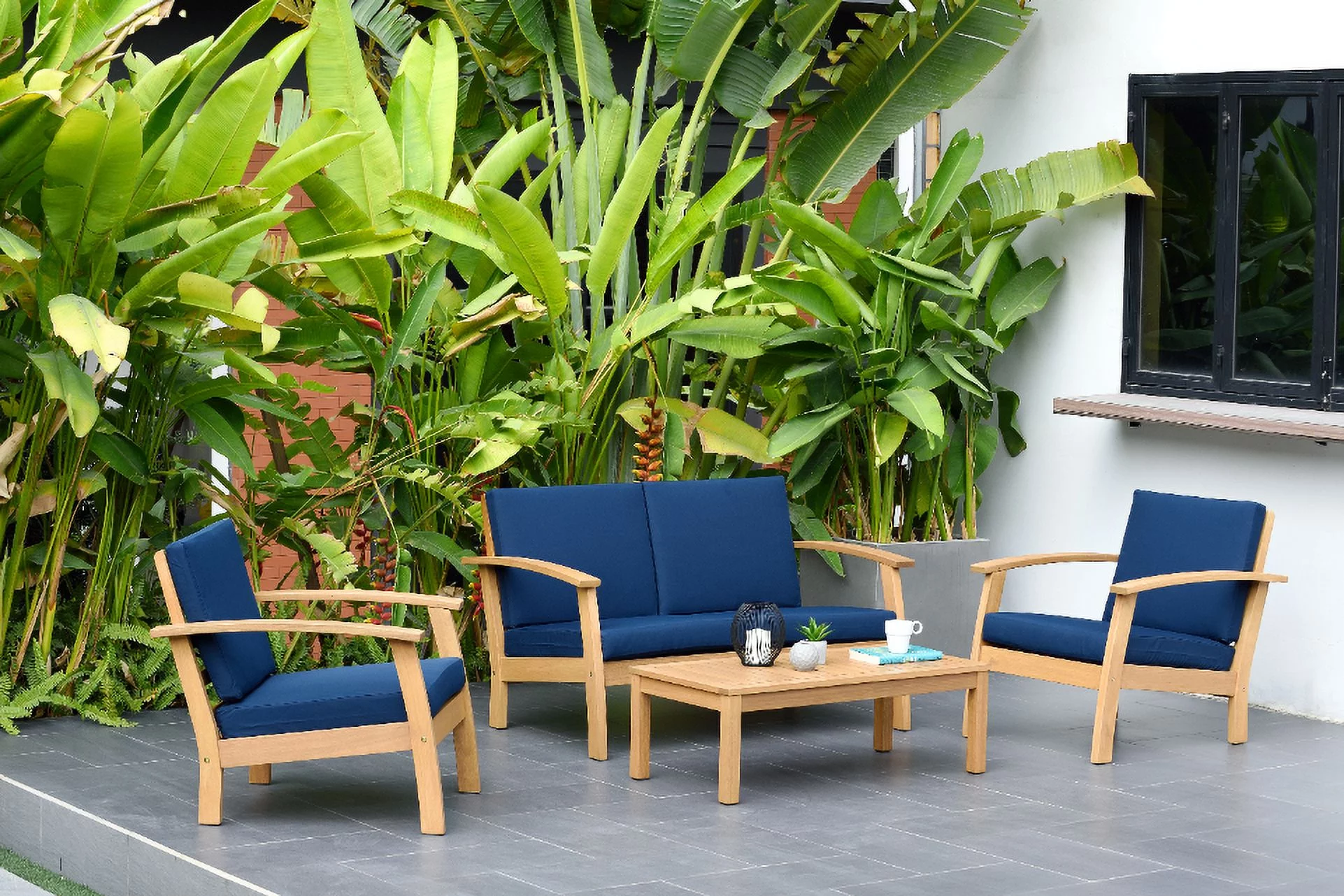 Amazonia Montein Teak Finish 4 Pieces Patio Conversation Set with Comfortable Cushions, Blue