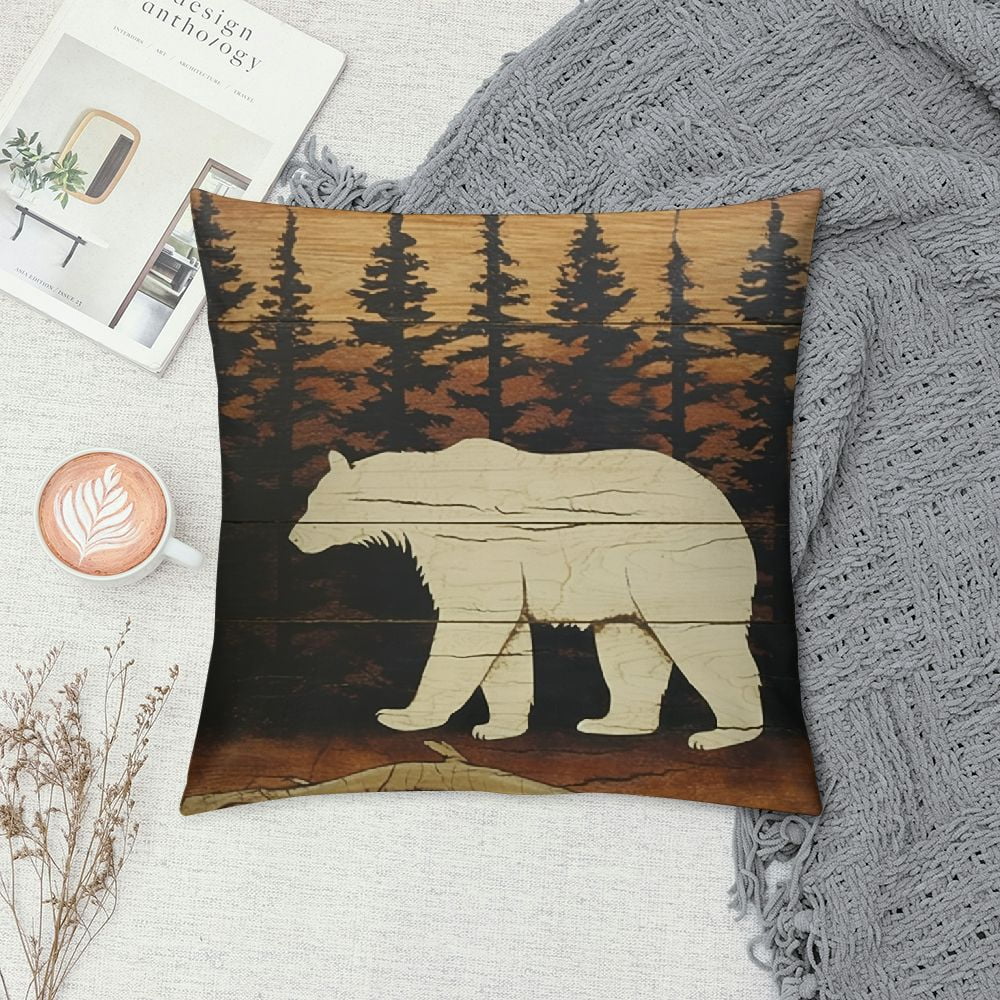 Shangniulu Lodge Cabin Pillow Cover Bear Silhouette Pine Tree Wood Stripe Pillow Case for Bed Couch Office Wild Animal Vintage Rustic Style Cushion Cover for Kids Teens Adults