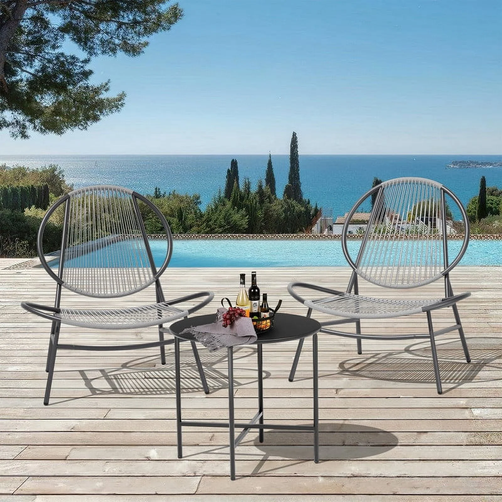 JUSTLET Patio Metal 3-Piece Bistro Table and Chairs Set, Outdoor Patio Dining Furniture for Small Spaces, Balcony, Gray