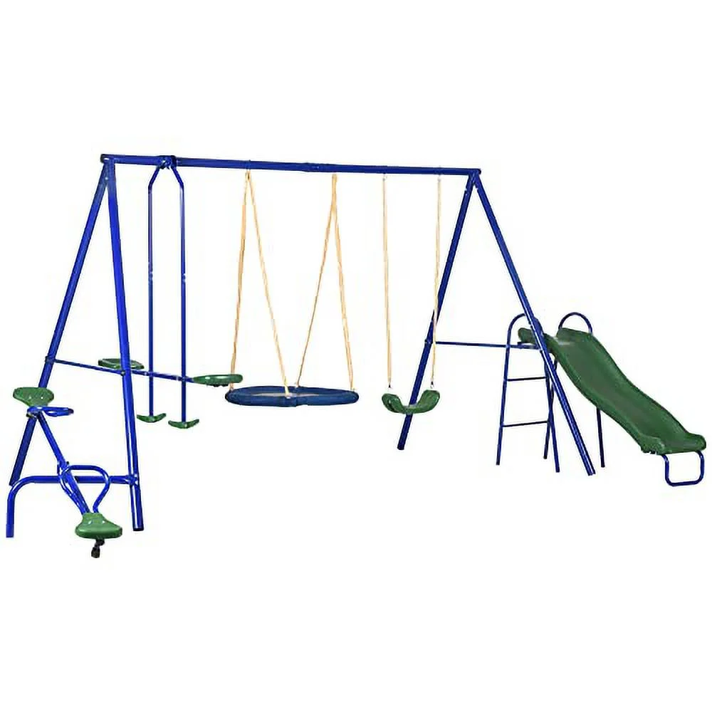 Outsunny 693 lbs Swing Set for Backyard, 5 in 1 Heavy-Duty A-Frame Stand Outdoor Playset for Kids, with Saucer Swing, Slide, Seesaw, Glider, Swing Seat