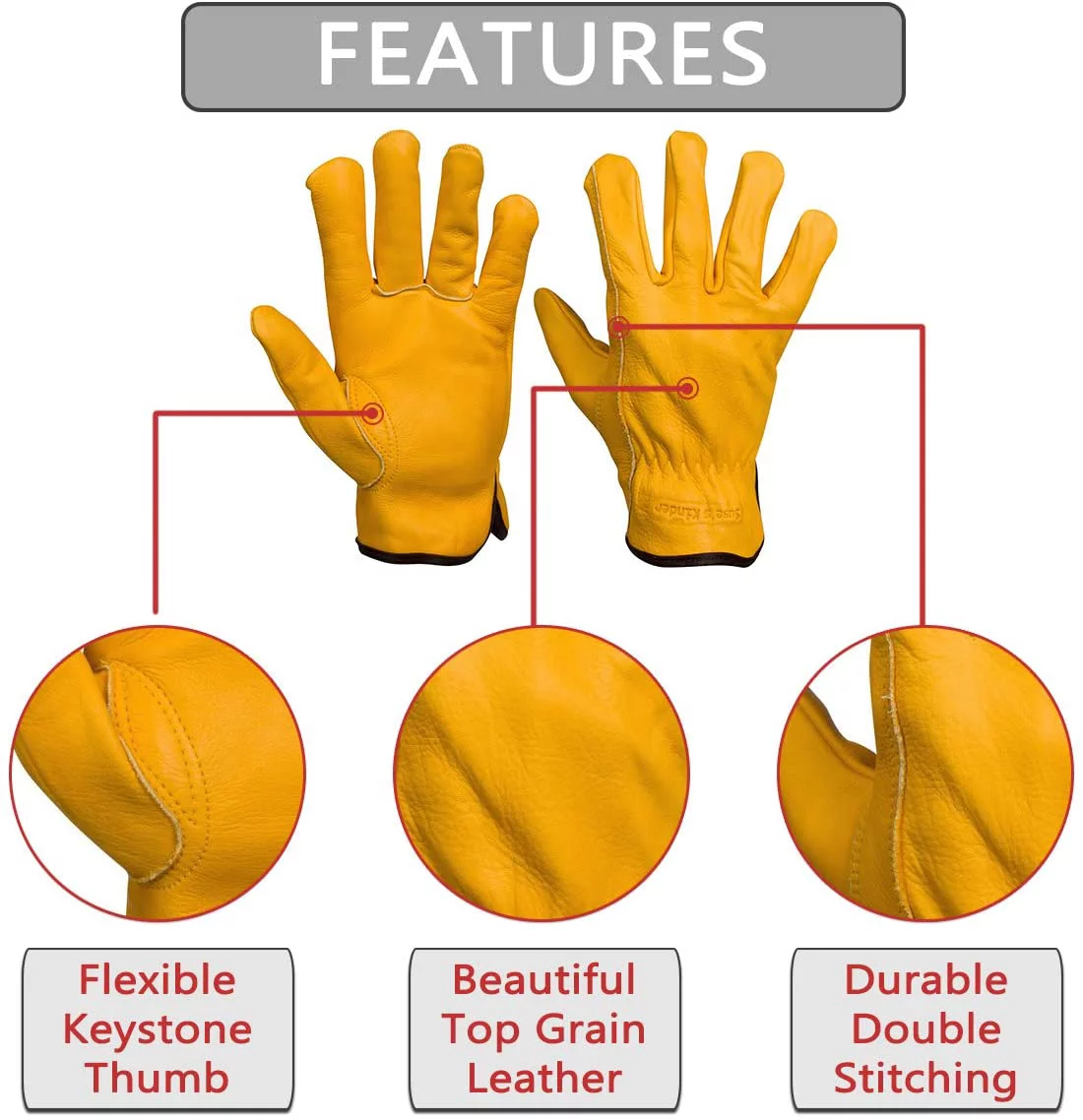 Work Gloves for Men and Women, Top Grain Leather (3 pairs, Med)