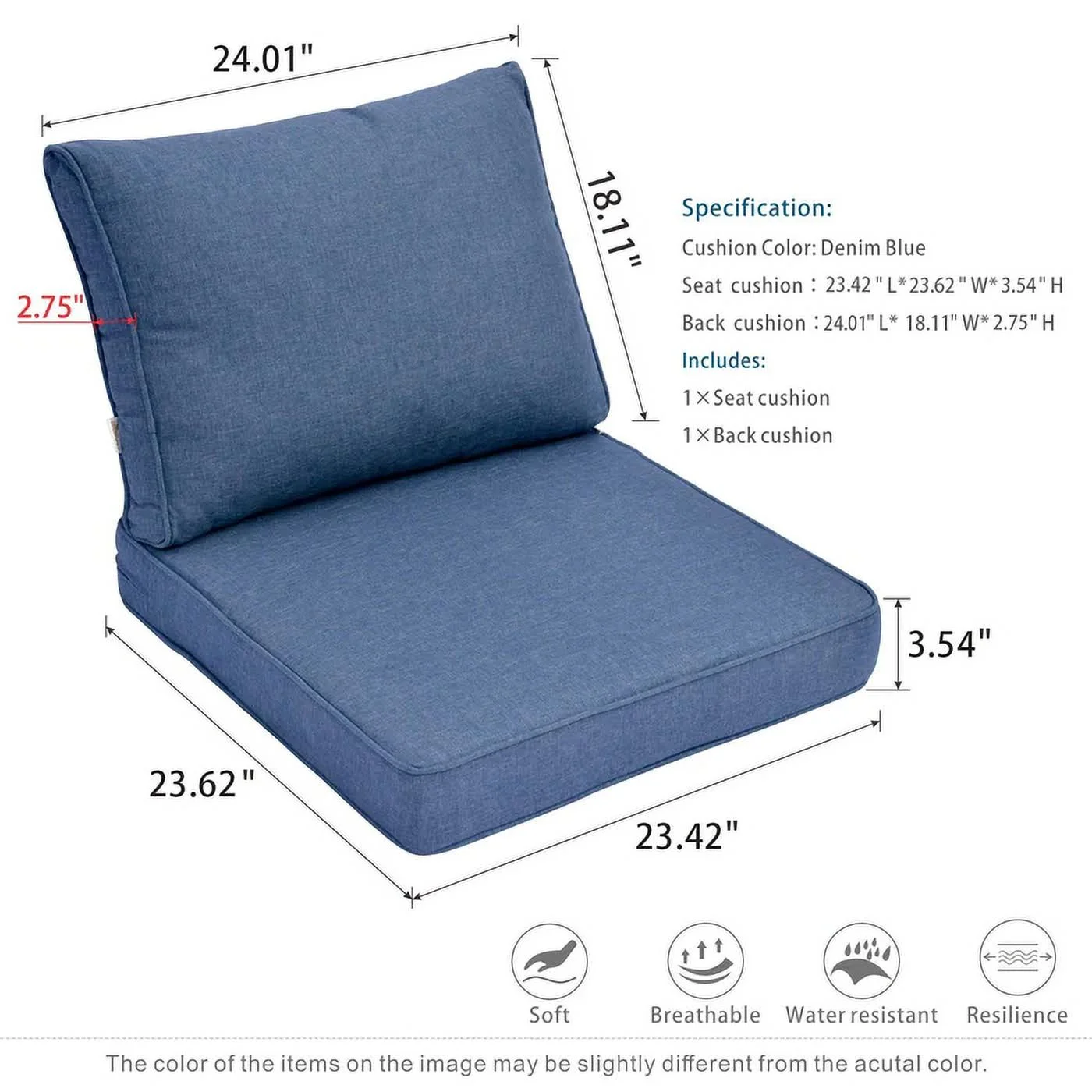 Vcatnet Direct Outdoor Furniture 2-Piece Deep Seat Cushion, Replacement Seat and Back Cushion for Couch,Denim Blue