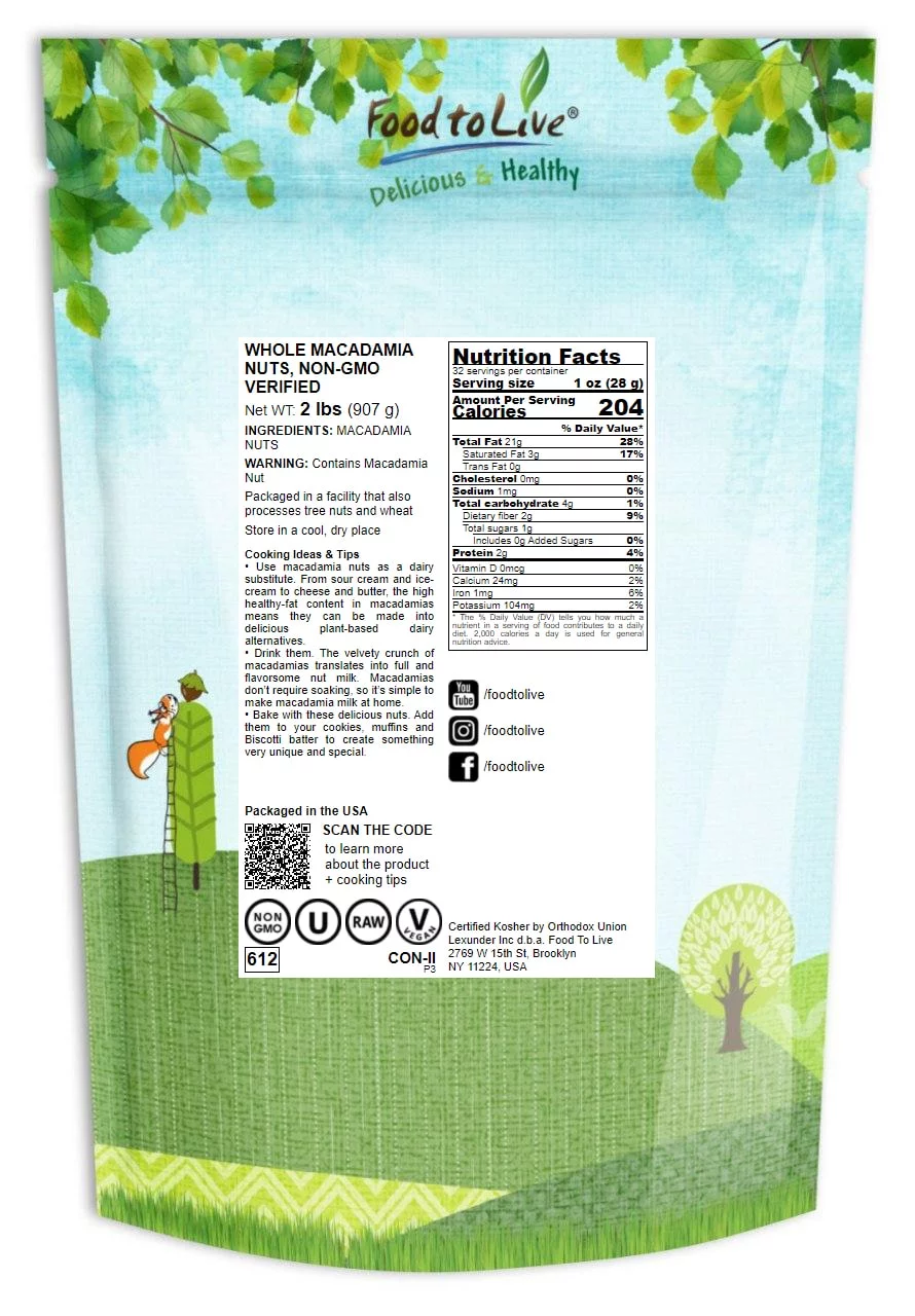 Food to Live, Whole Macadamia Nuts, 2 Pounds, Non-GMO, Kosher