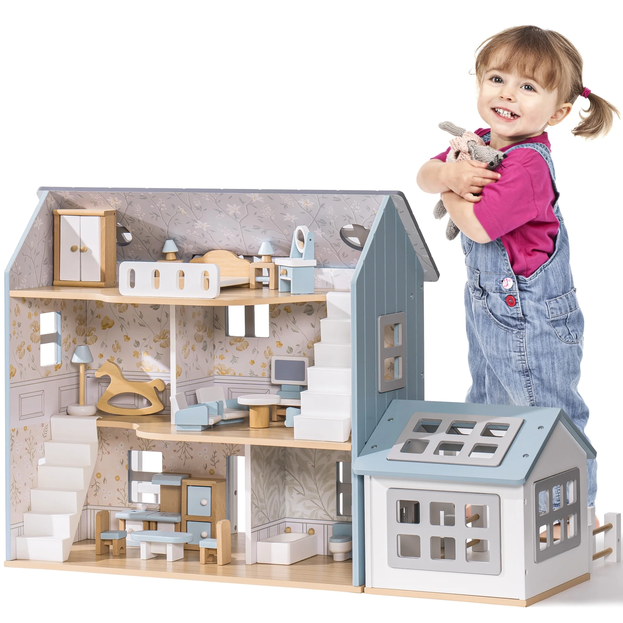 Robud Wooden Dollhouse Set with 25pcs Furniture,6-Room Doll Playhouse,Preschool Toy for Toddlers Kids Age 3+,Blue