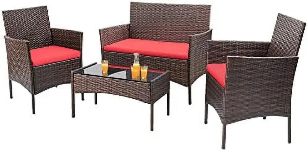 QUGDXVBN 4 Pieces Patio Rattan Chair Wicker  Outdoor Indoor Use Backyard Porch Garden Poolside Balcony  Sets (Red)