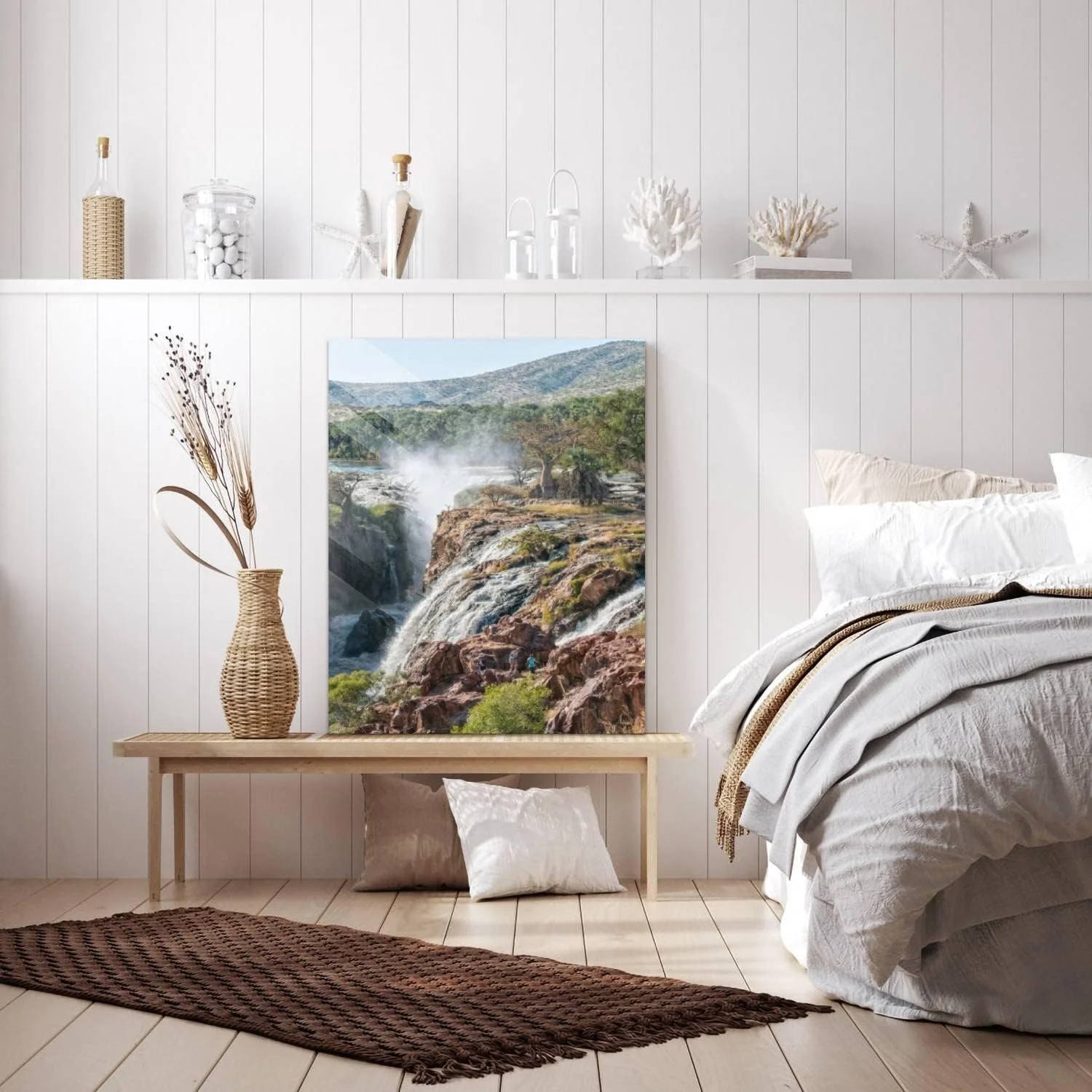 HelloGlass Tempered Glass Wall Art Decor Part of the Epupa waterfalls People are visible Prints On Glass Paingting Picture Modern Artworks For Living Room Bedroom Office 12x8inch