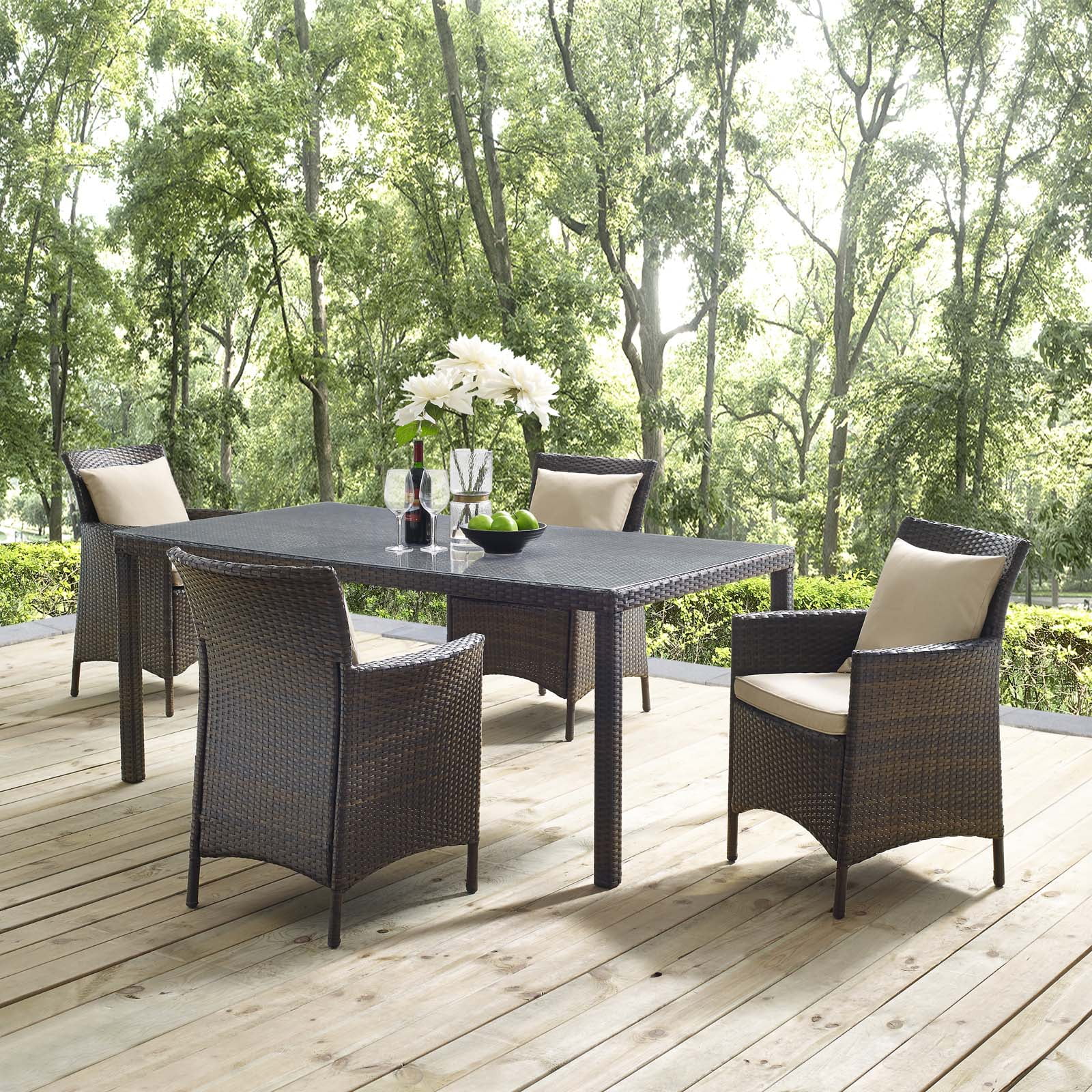 Contemporary Modern Urban Designer Outdoor Patio Balcony Garden Furniture Dining Chair and Table Set, Rattan Wicker, Brown Beige