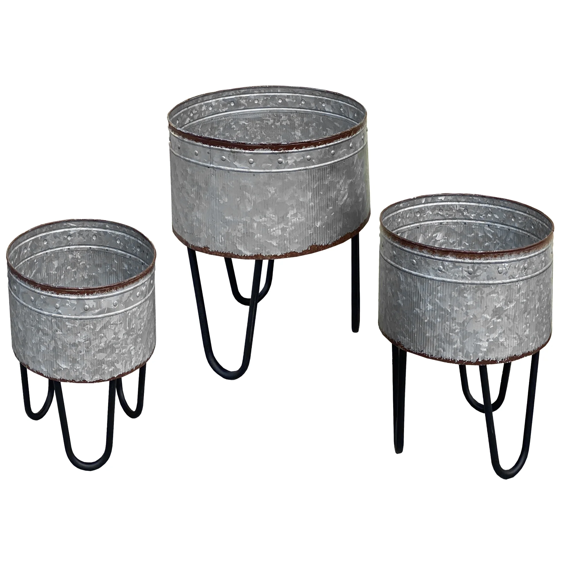 HQZX Galvanized Sheet Planter Tubs,Iron Powder Coated Hairpin Legs,Set of 3,Gray