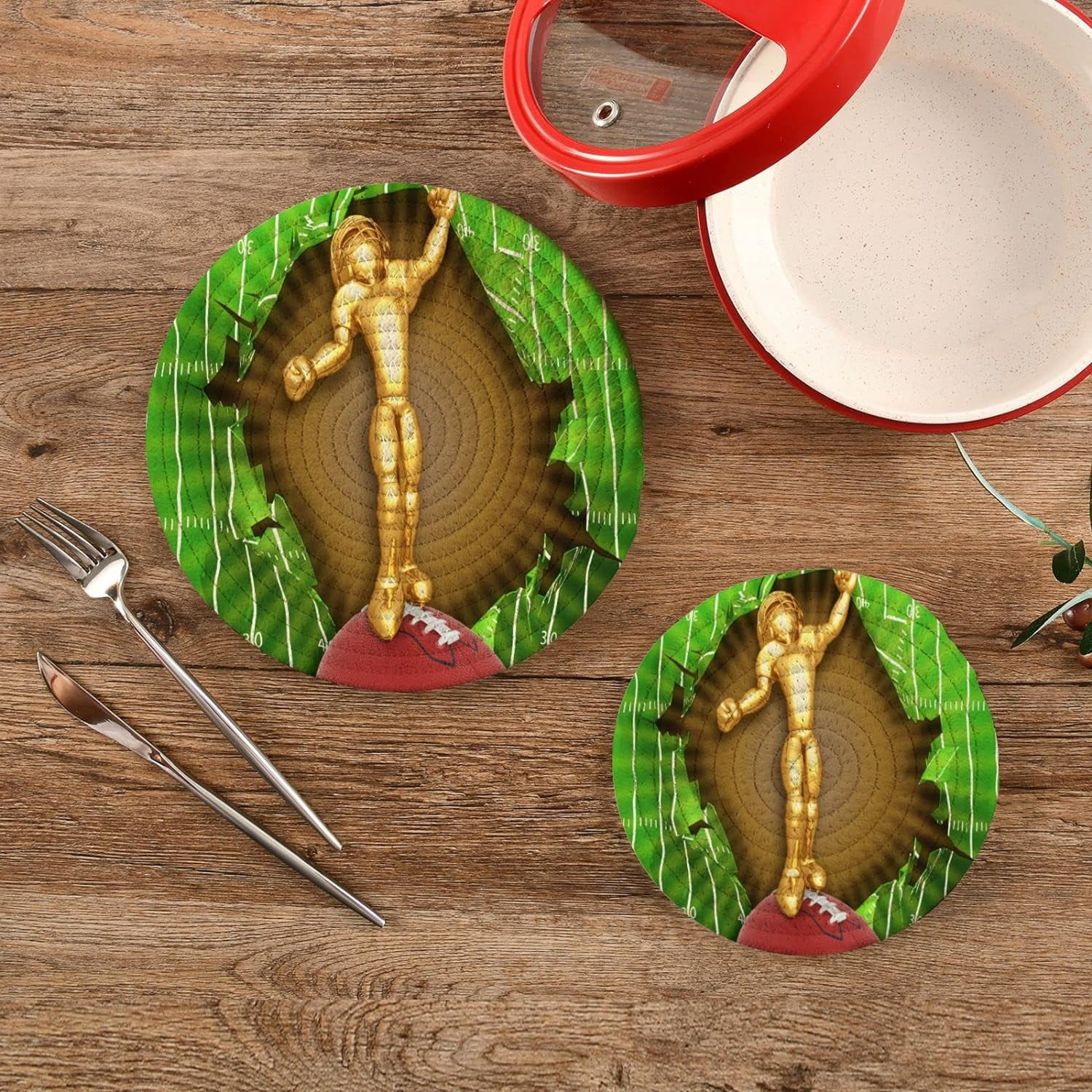 SKYSONIC 2 pcs American Football Pot Holders Trivets, Heat Resistant Trivets,Golden Men Green Playground Cotton Thread Weave Mats for Hot Pads Pans Pot Bowl Teapot