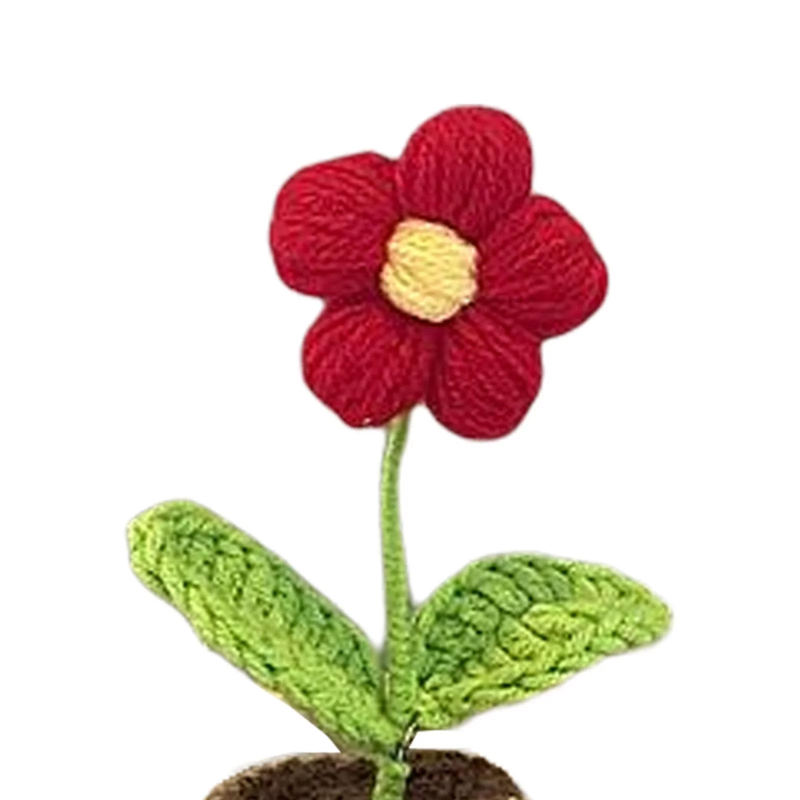 Handmade Beginner Knitted Flowerpot Small Potted Flower Crocheting Craft Includes Red Flower