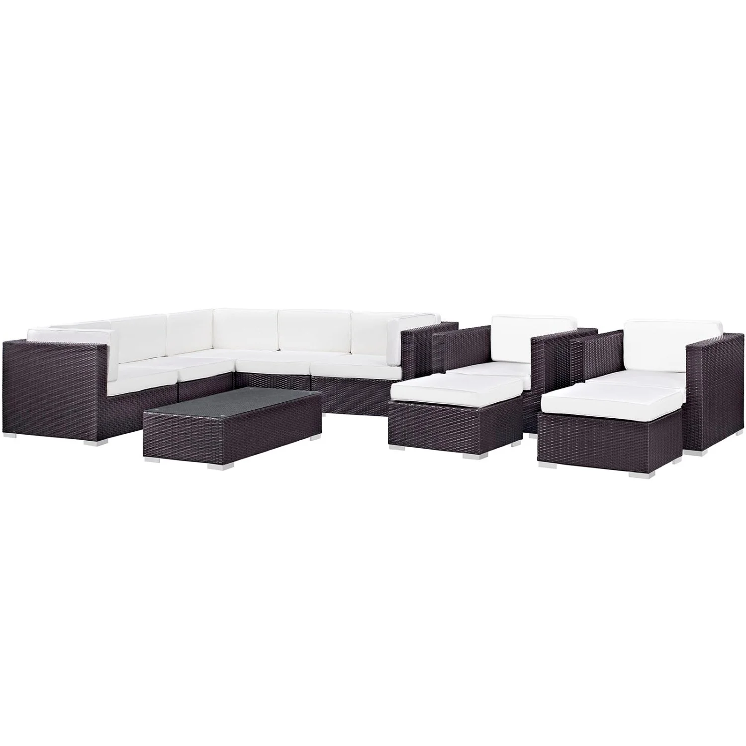 Lounge Sectional Sofa Table Set, White, Rattan, Wicker, Outdoor Patio Balcony Cafe Bistro Garden Hospitality Restaurant, Modern Contemporary HB34955