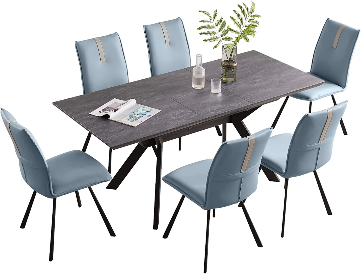 Dining Room Table Set 6-8 Person Kitchen Table and Chairs Modern Extendable Dining Table with 8 Leather Upholstered Dining Chairs (Table + 8 Black Chairs)