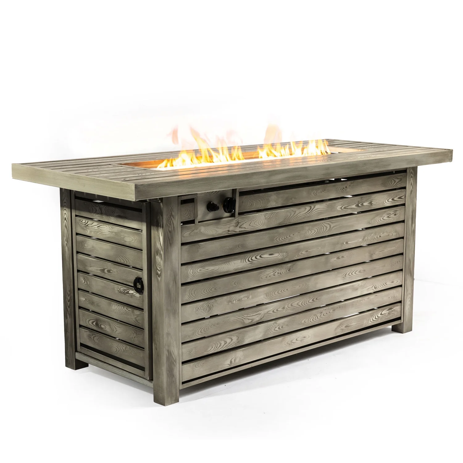 Stylish and functional 54-inch large steel outdoor fire pit table features a stunning wood grain surface. Ideal for backyard gatherings  this durable wood burning fire pit is perfect for