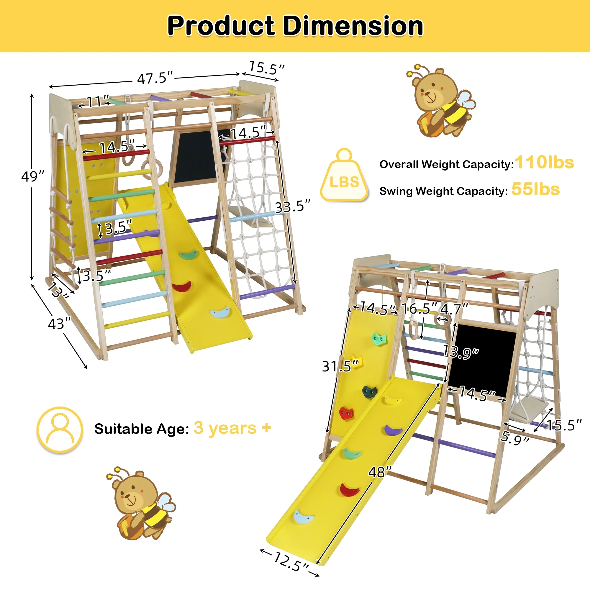 AILEEKISS Toddler Climbing Set, 10 in 1 Kids Climber Slide Playset with Ladder/Ramp/Monkey Bar/Drawing Board, Indoor Outdoor Wooden Jungle Gym, Rainbow