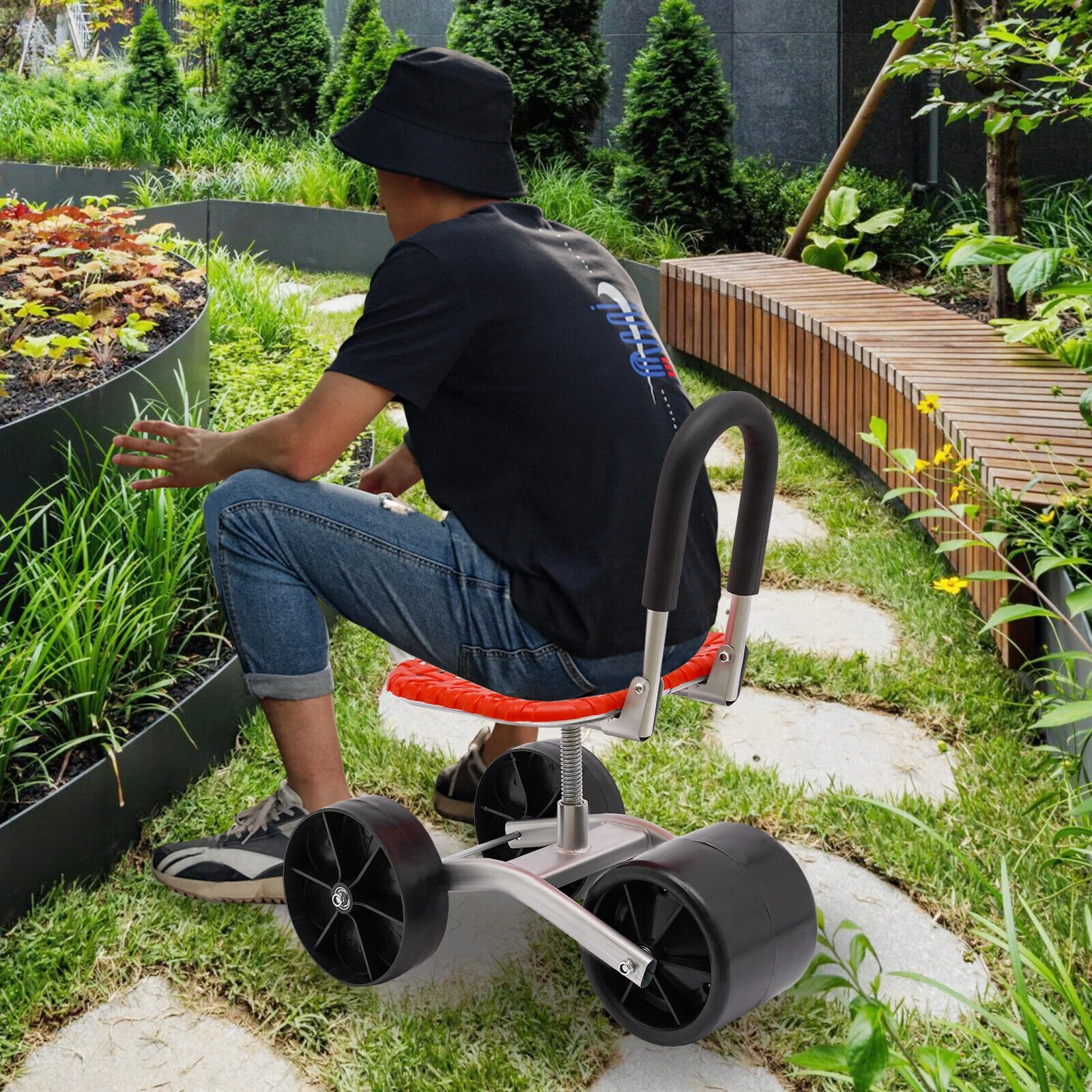Height Adj. 360° Rotates Gardening Seats W/3 Rolling Wheels Stool Kneeling Pad