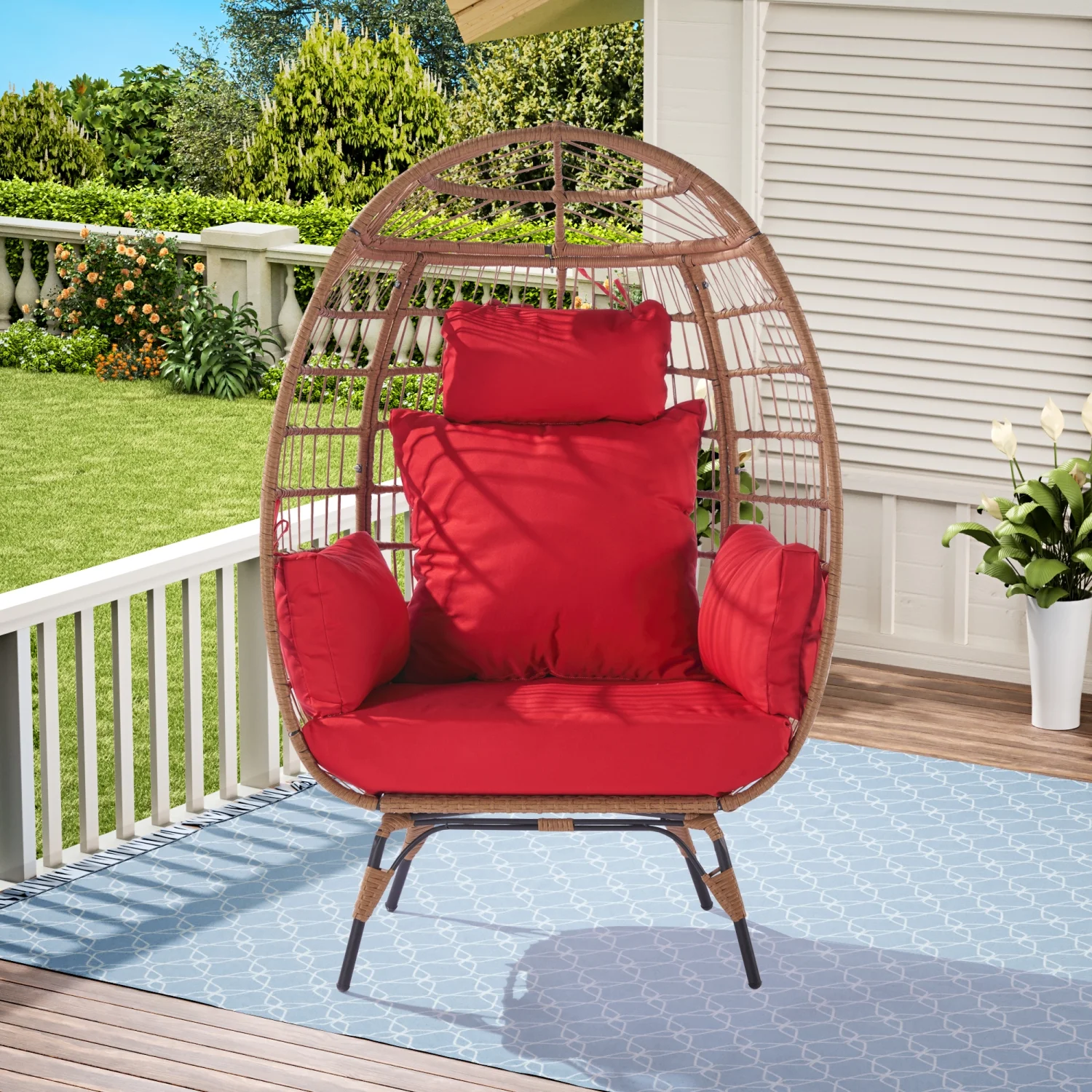 TQJKLFDY Wicker Egg Chair  Oversized Indoor Outdoor Lounger for Patio  Backyard  Living Room w/ 5 Cushions  Steel Frame  - Red