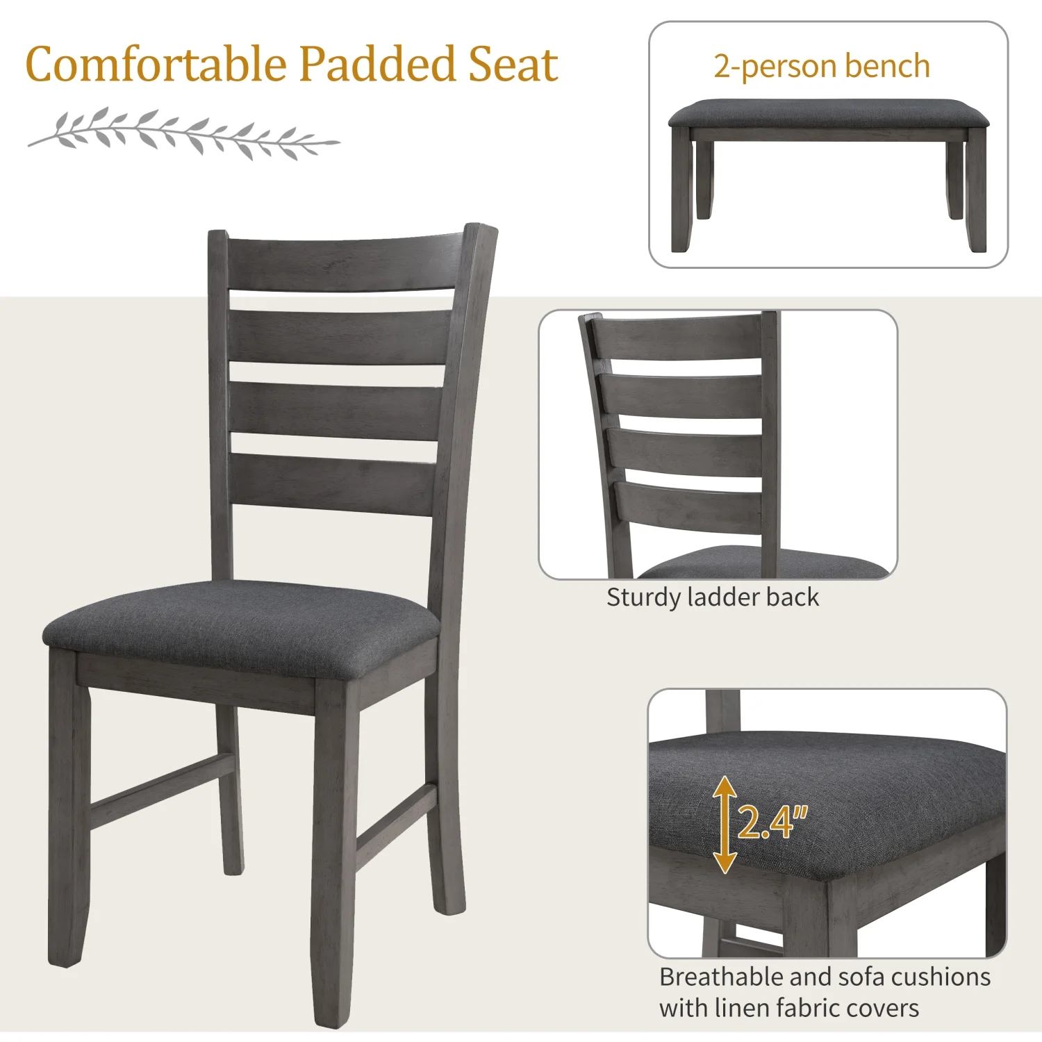 TREXM Dining Room Table and Chairs with Bench  Rustic Wood Dining Set  Set of 6 (Gray)