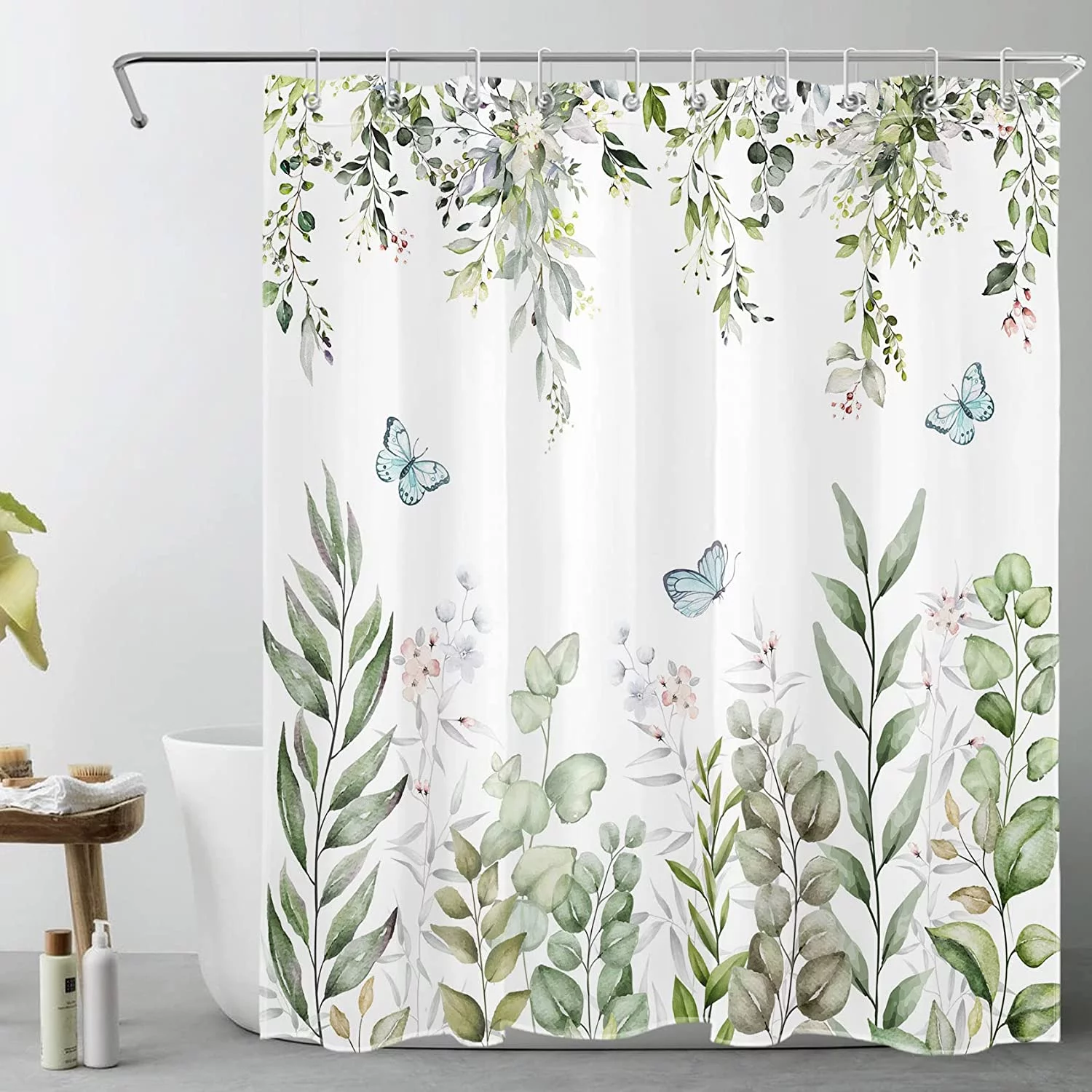 Sonernt Sage Green Eucalyptus Leaves Shower Curtain Watercolor Plant Leaf with Butterfly Shower Curtains Spring Nature Botanical Bathroom Decor Machine Washable Polyester Fabric 72x72 Inch