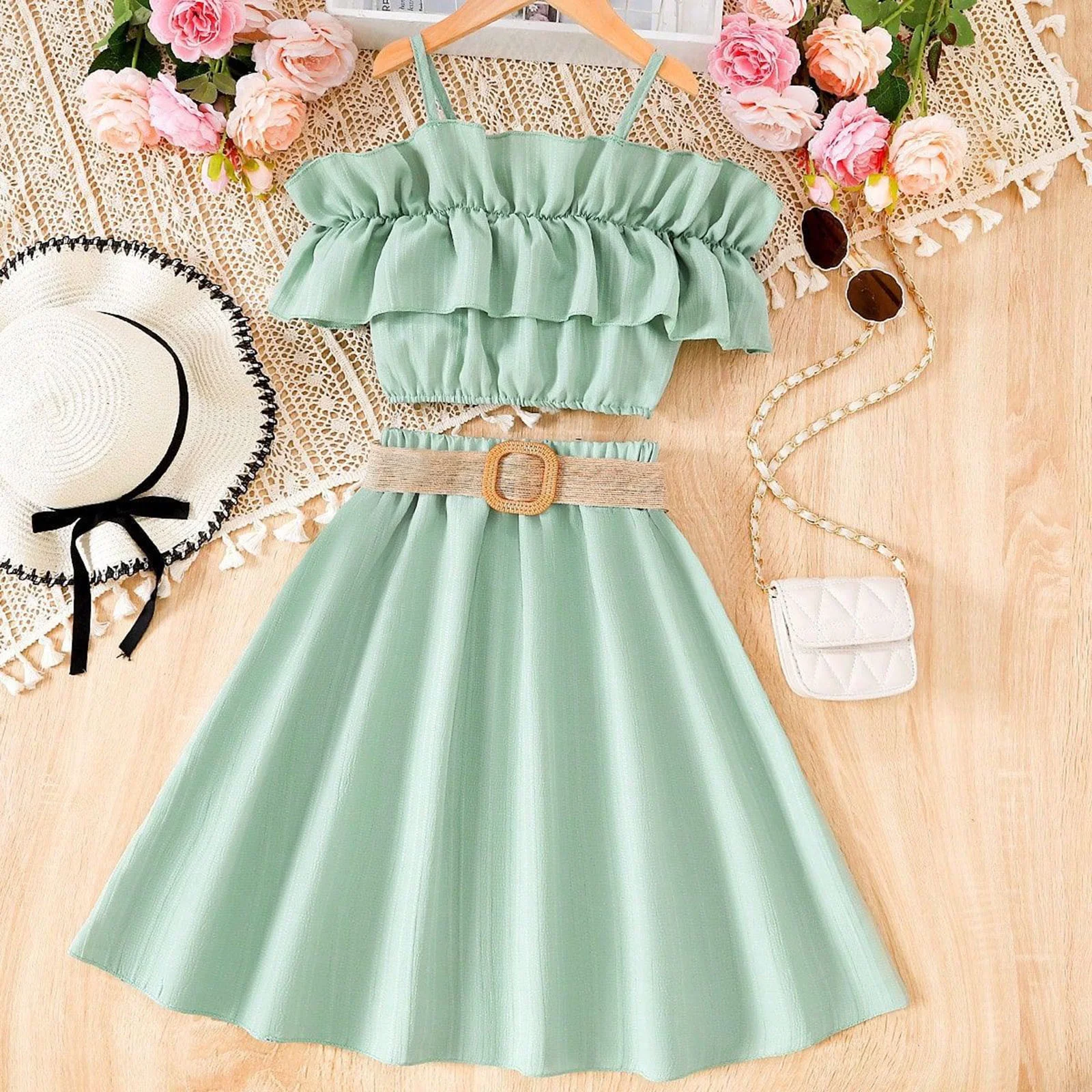 Autumn Tennis Skirt Toddler Girls Summer Sleeveless Solid Color Ruffles Tops Skirt With Belt 3Pcs Outfits Clothes Set For Children Clothes Women'S Skirts