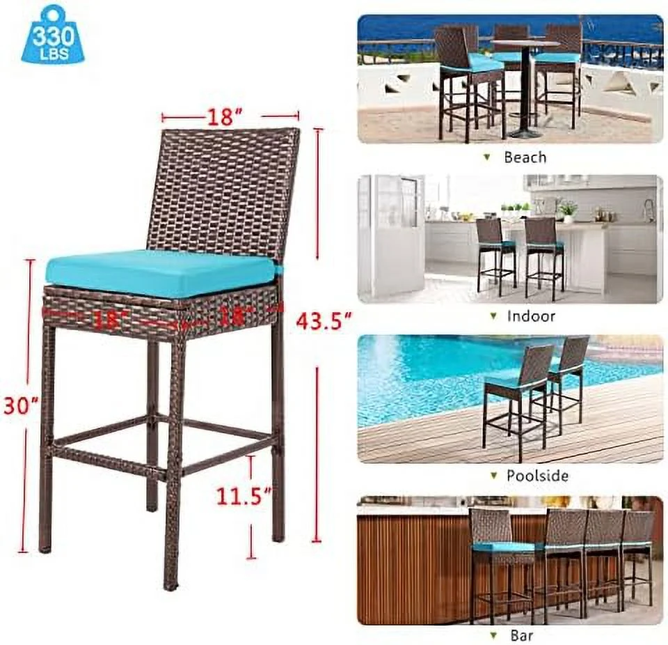 CHIUNMK Outdoor Patio Stools &  Chairs  Wicker Woven Outdoor  Stools  Height Chairs High Back with Footrest Armless Cushion Blue All Weather Patio Seating for Garden Pool Lawn Backyar