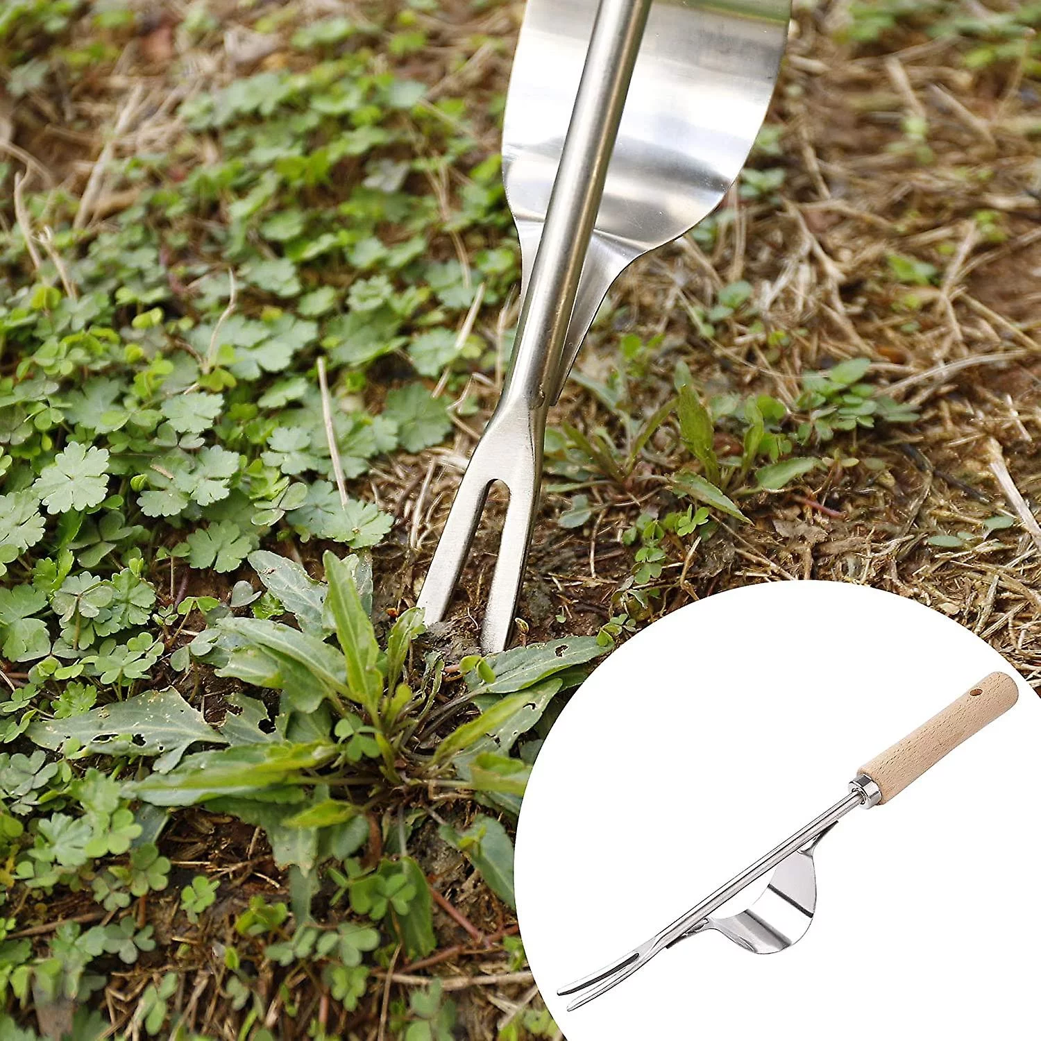 1pc Garden Manual Weeder Stainless Steel Weeding Tool With Wooden Handle Garden Tool 32cm Long