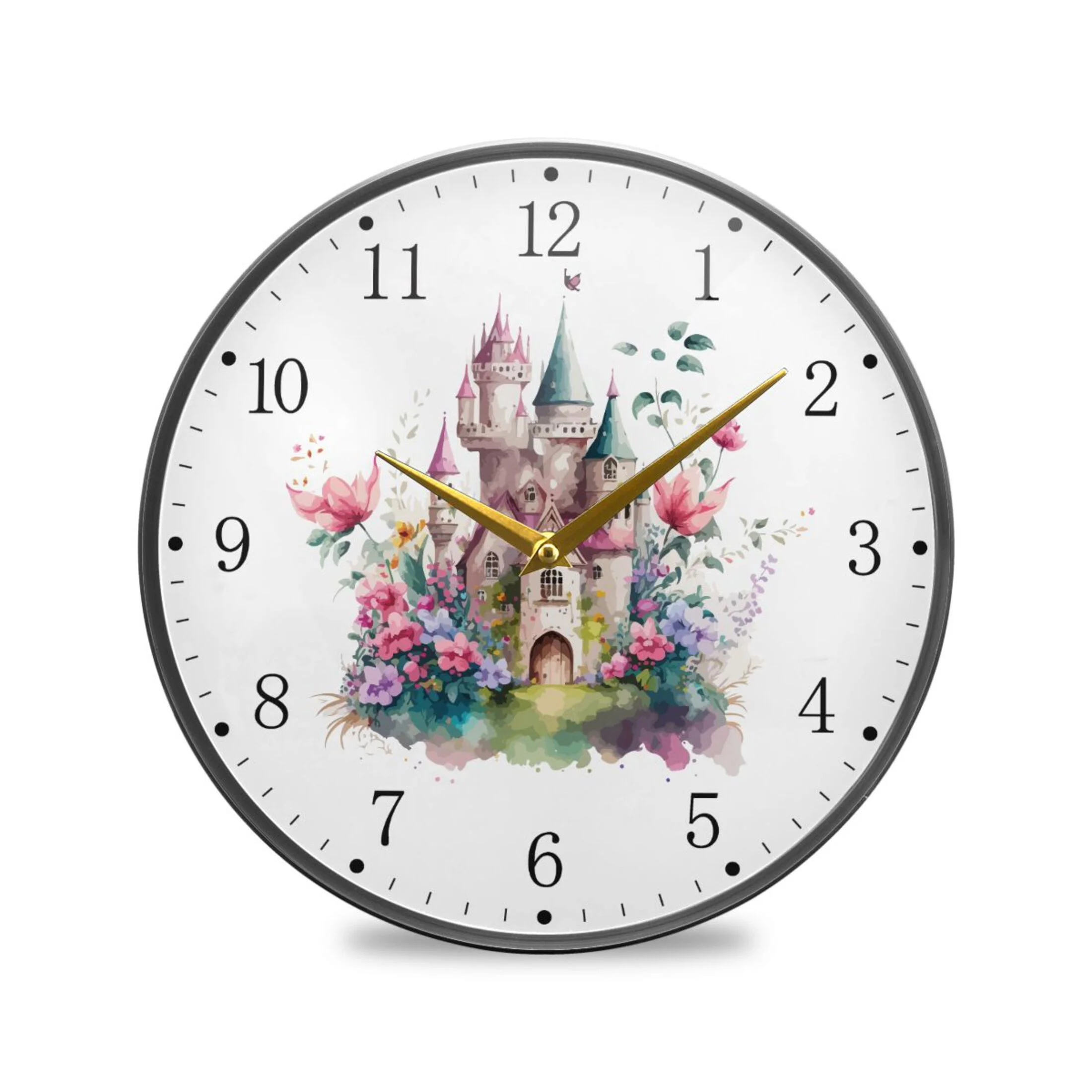 Fairytale Castle in Watercolor Acrylic Wall Clocks Quiet Round Clock Battery Operated Non-Ticking Clock for Bedroom Kitchen Office Decorative 11.9 Inch