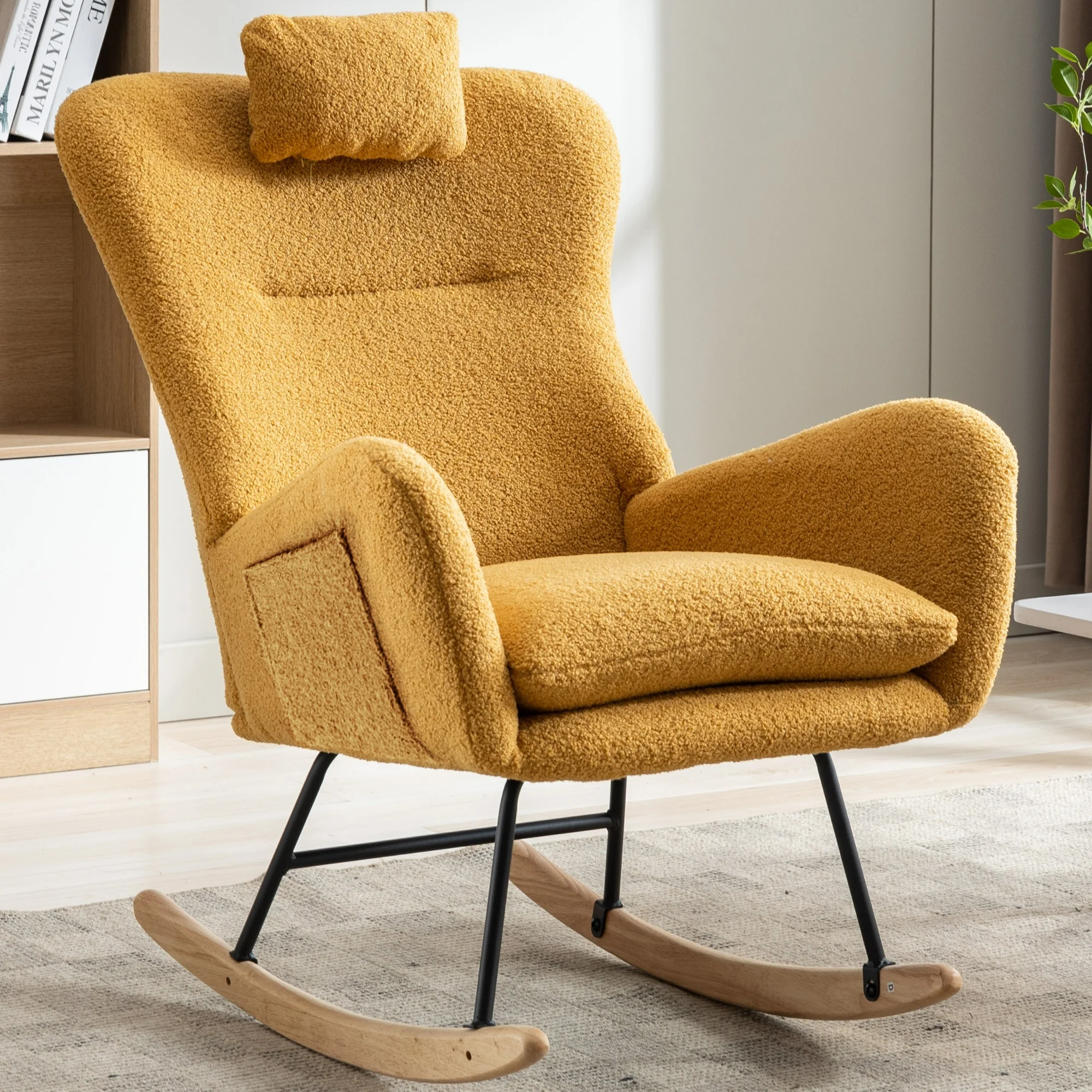 Homiyad 35.5 Inch Rocking Chair with Pocket, Soft Teddy Fabric Rocking Chair for Nursery, Comfy Wingback Glider Rocker with Safe Solid Wood Base for Living Room Bedroom Balcony (Turmeric)