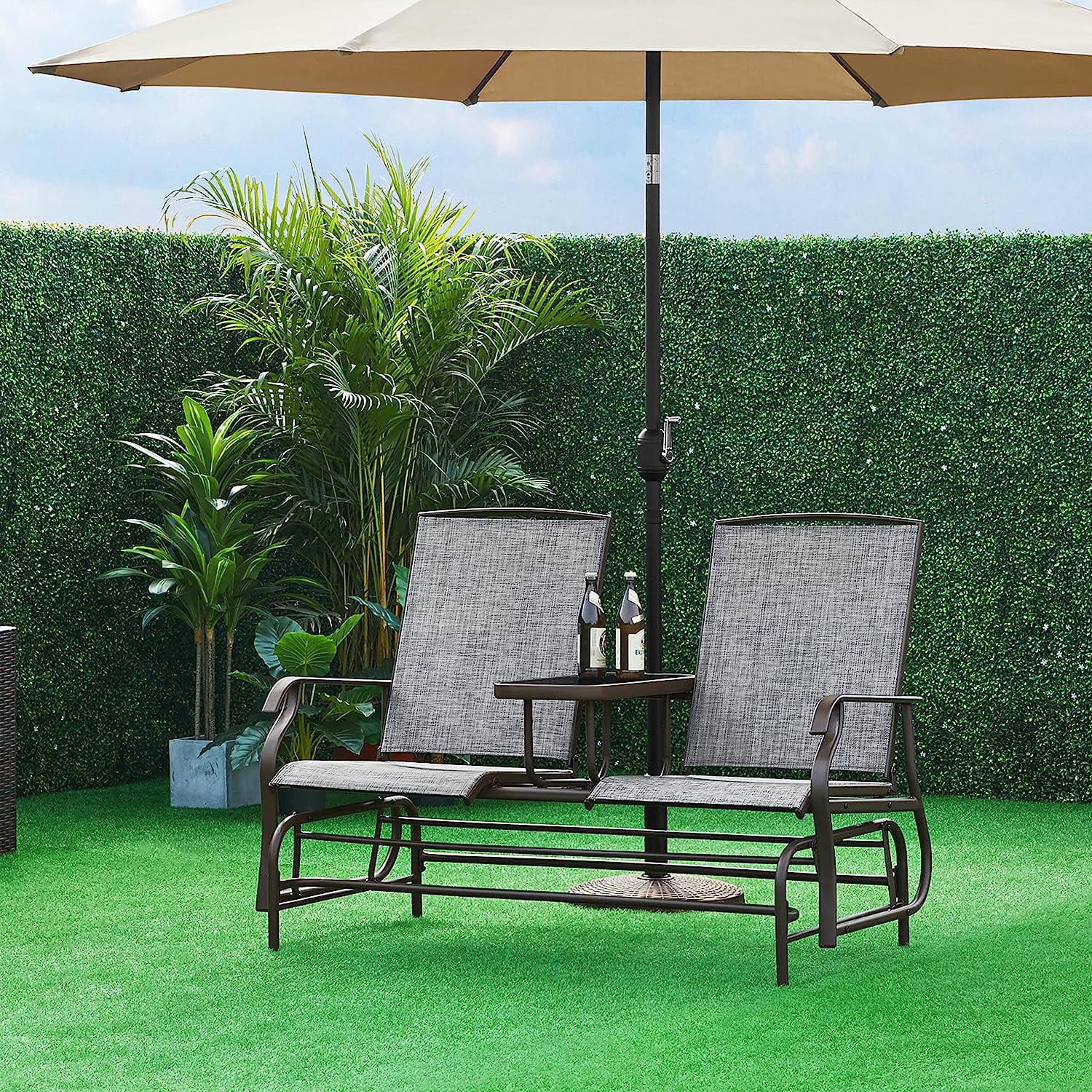 Elegant 2-Seat Outdoor Glider with Center Table, Elegant Rocking Loveseat with Breathable Mesh Sturdy Metal Frame for Garden Pool Lawn