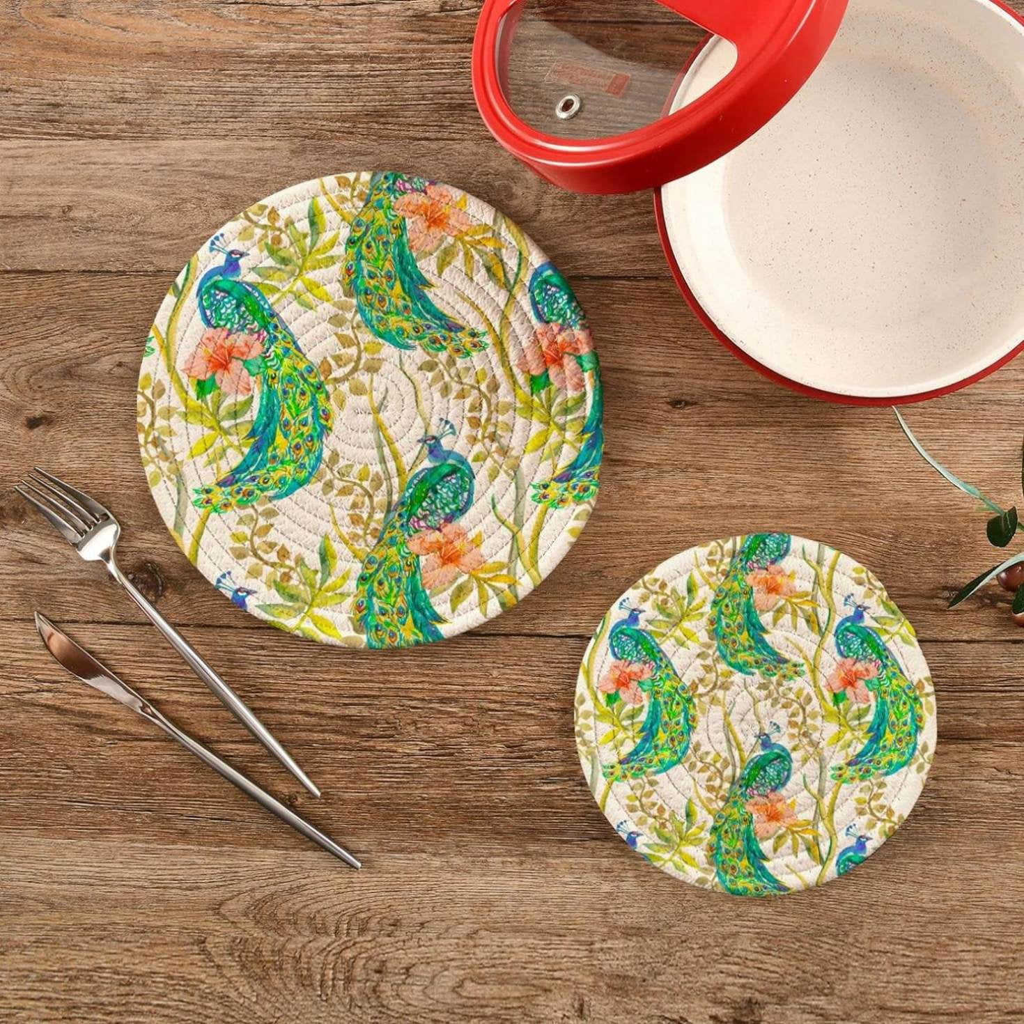 Spring Peacock Floral Potholders Set Trivets Set 100% Pure Cotton Thread Weave Hot Pot Holders Set of 2, Flowers Summer Stylish Coasters, Hot Pads, Hot Mats,Spoon Rest For Cooking and Baking