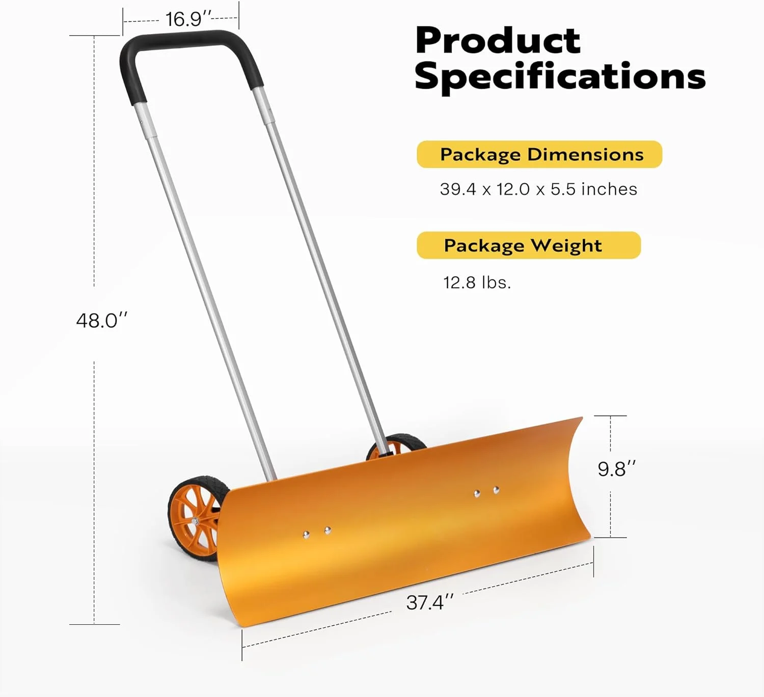 SPECSTAR 37 in Aluminum Snow Shovel Pusher with Wheels, Bi-Direction Heavy Duty Metal Snow Removal Tool