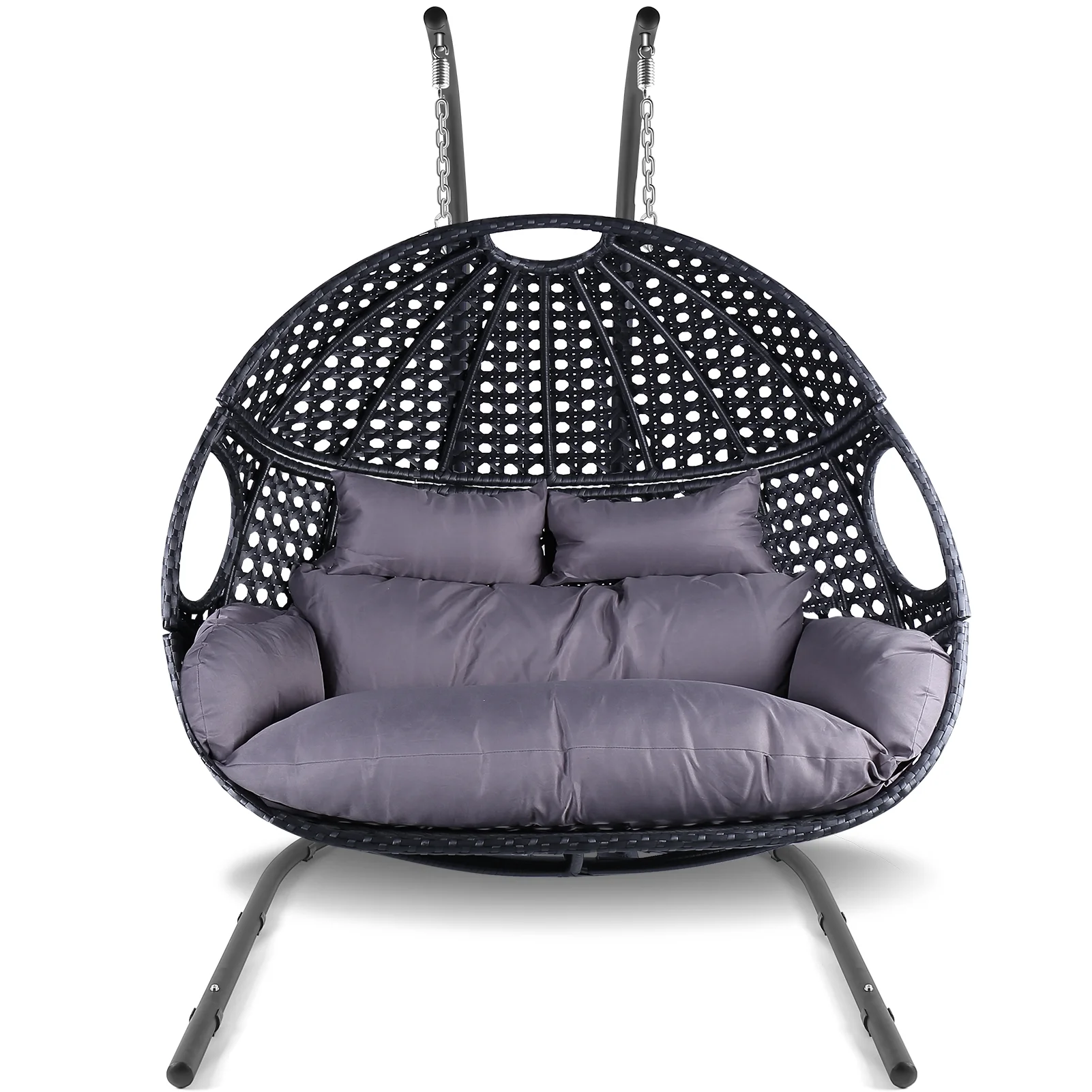 Double Swing Egg Chair with Stand Extra Large Wicker Swing Egg Chair, Durable Rattan Frame Comfortable UV Protection Cushions, 530 lbs Capacity , Indoor and Outdoor, Suitable for Yard Garden Patio Bal