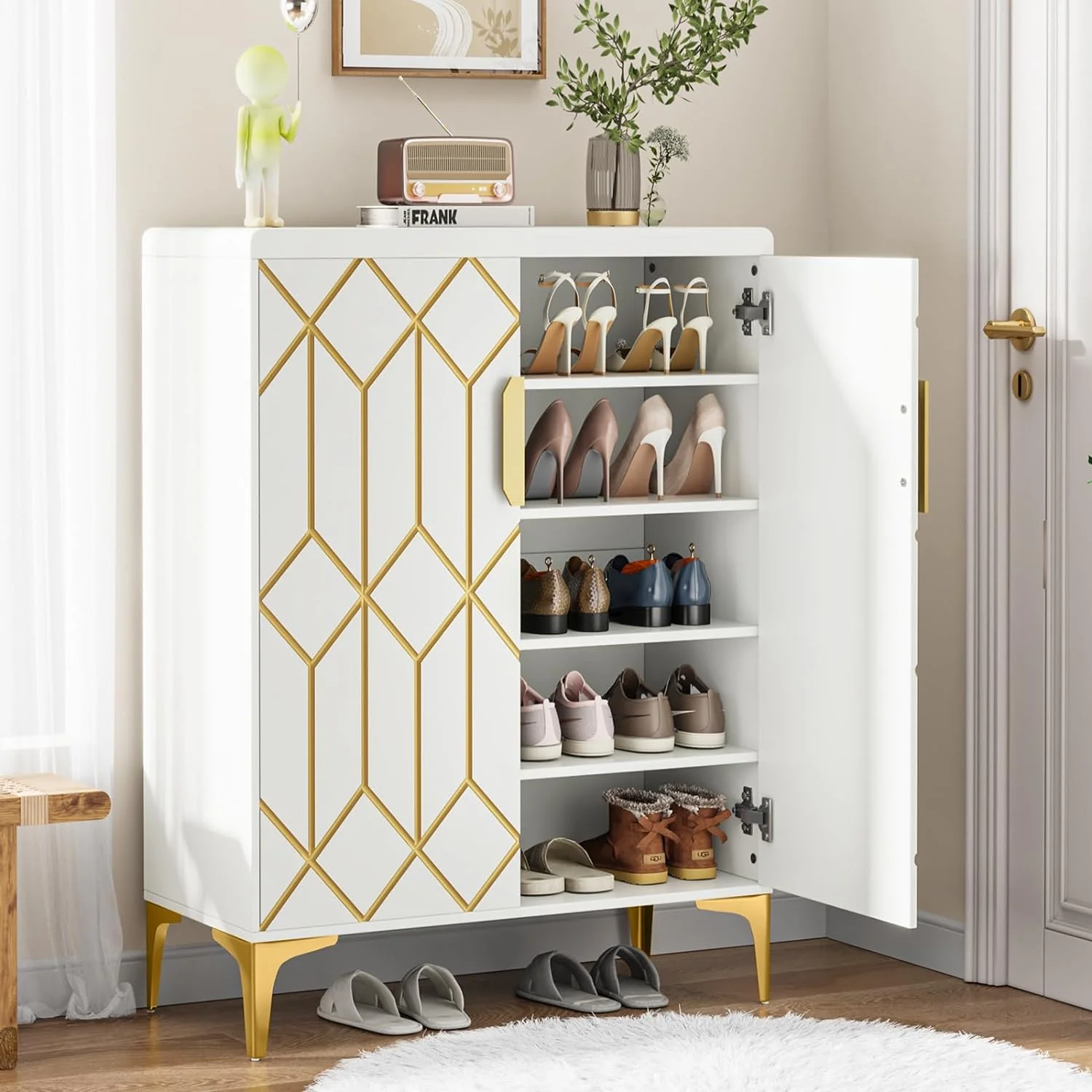Tribesigns 5-Tier Shoe Cabinet: White Wooden Organizer with Adjustable Shelves