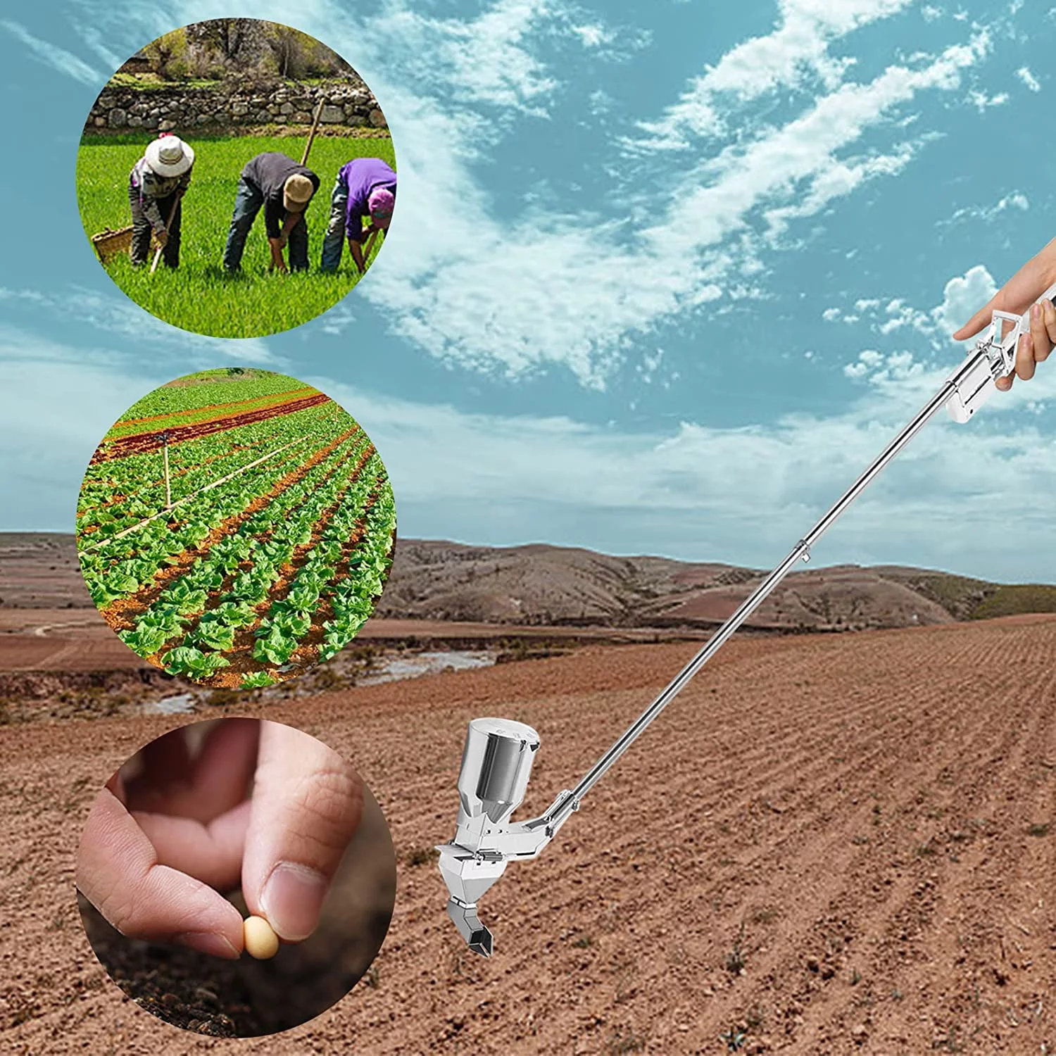 Miumaeov Portable Manual Garden Seeder Planter Beans Row Spreader Peas Sowing Tool Silver