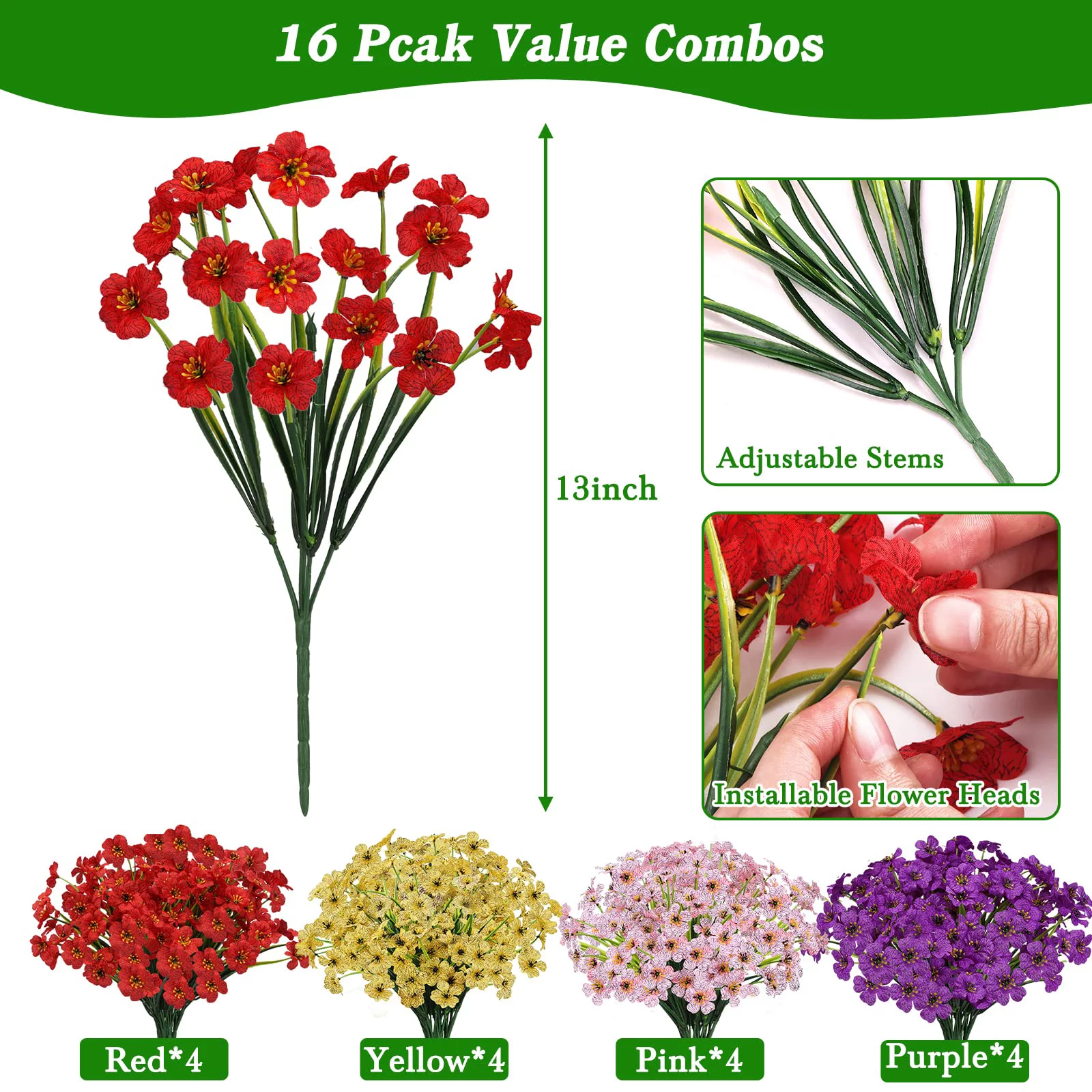 16 Bundles Artificial Flowers UV Resistant, Faux Plastic Flowers Bulk Fake Plant Outside Hanging Plants for Indoor Home Garden Patio Porch Window Decor 4 Colors