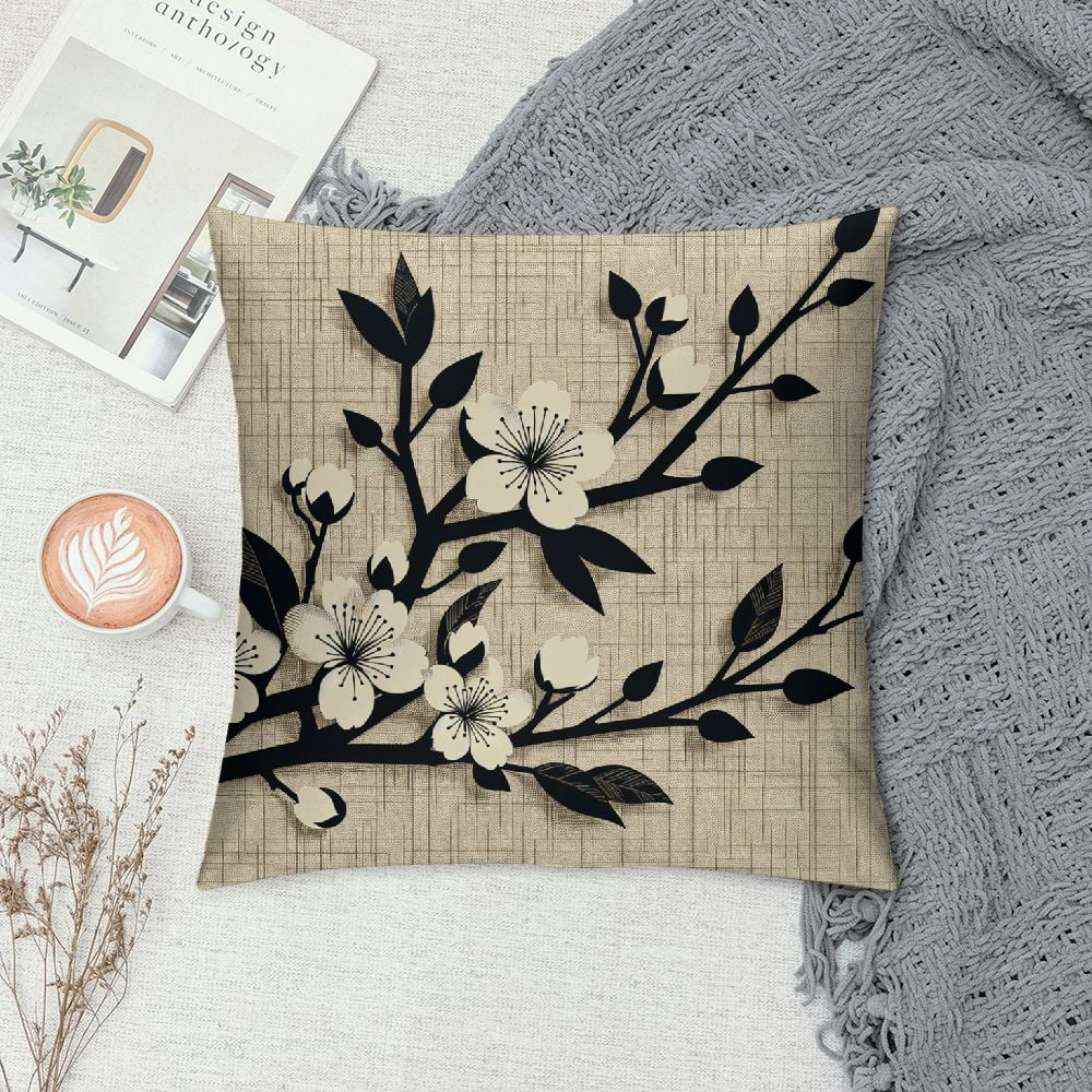cbxzyzzc Throw Pillows Cover Brown Japanese Bush Oriental Painting Plum Brush Blossom Wind Nature Flower Tree Cherry Japan Cushion Case Cotton Linen for Fall Home Decor