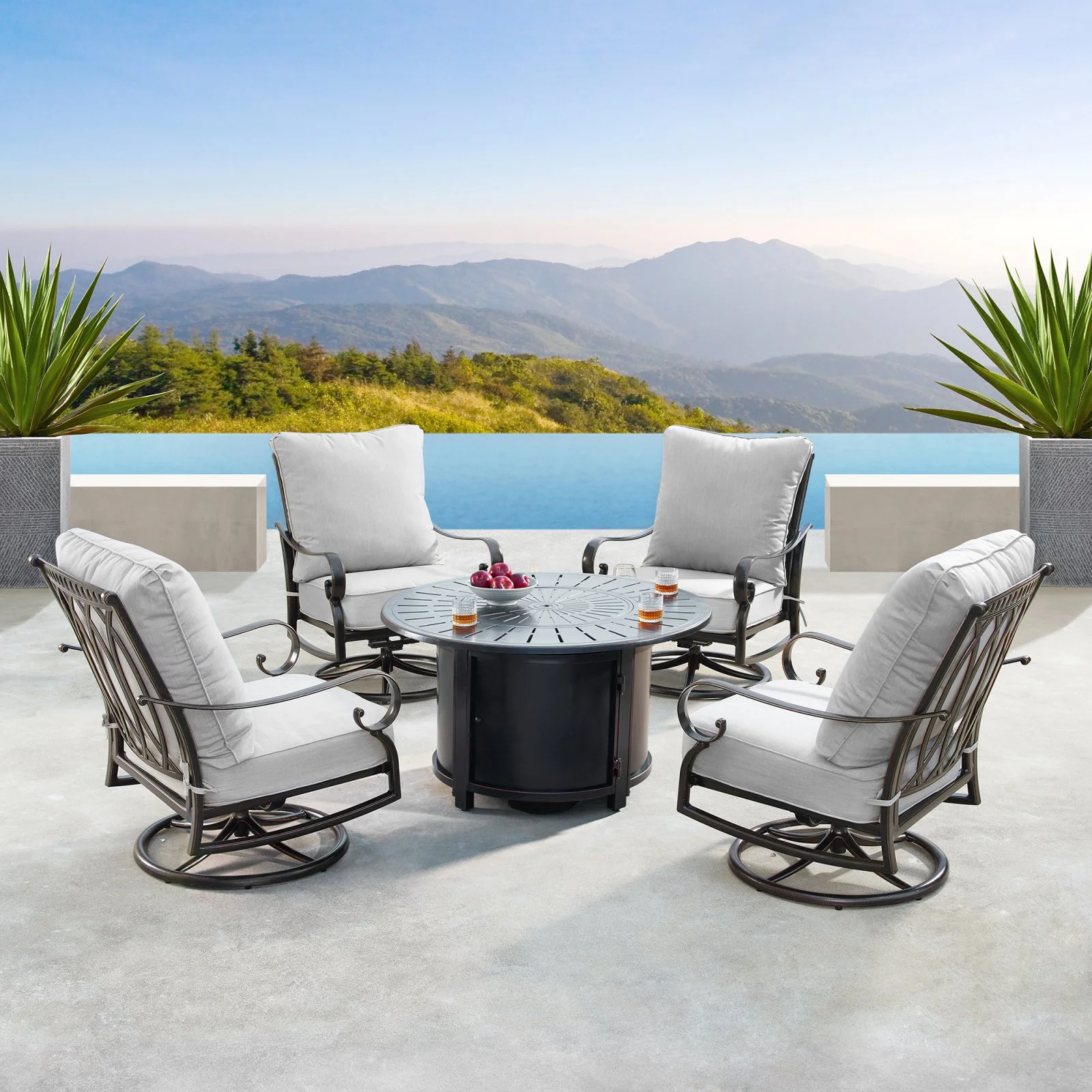 Oakland Living Rica Nobu Aluminum 5 Piece Propane Fire Pit Chat Set