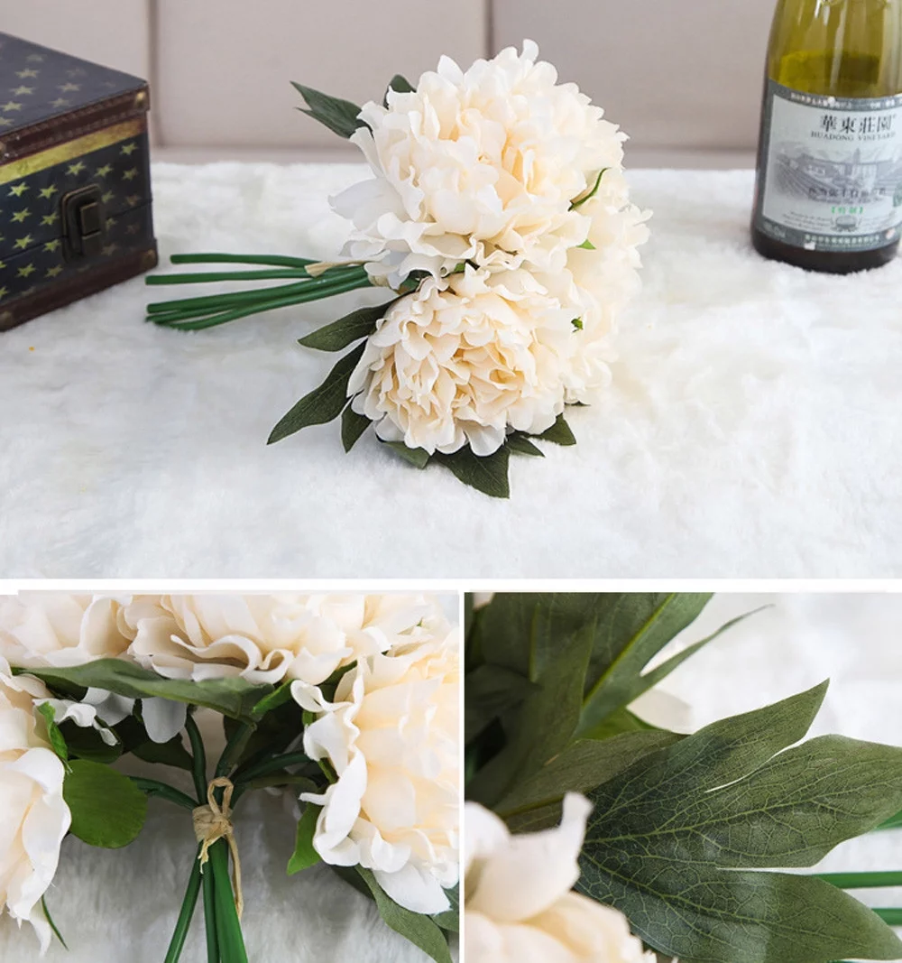 Yeetfub Faux flowers Silk Flowers Artificial Silk Fake Flowers Peony Floral Wedding Bouquet Bridal Hydrangea Beige for Window Garden Office Patio Planter Pathway Front Porch