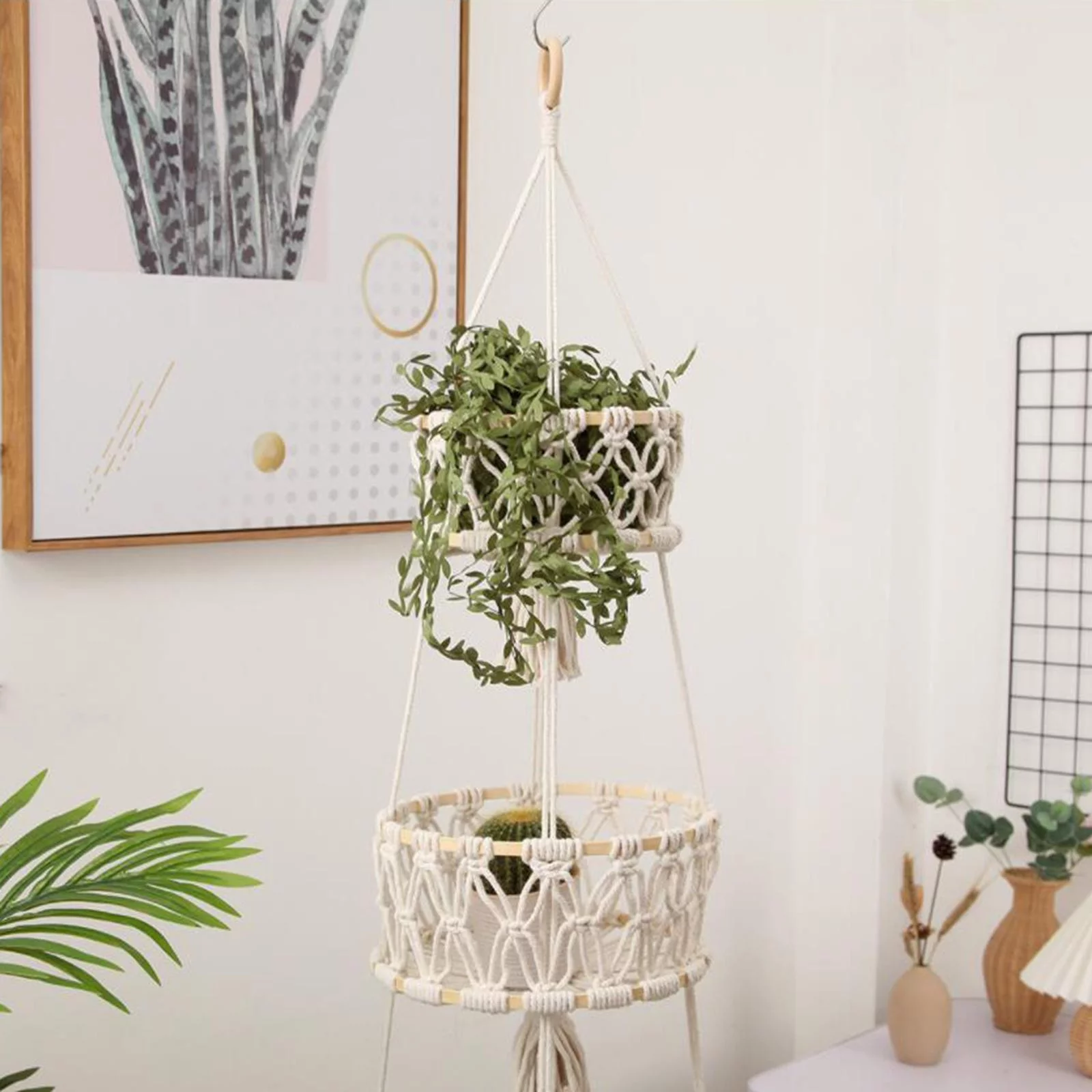 Macrame Hanging Basket, Fruit Hanger Hanger Fruit Basket Pot - Wite 3 Tiers